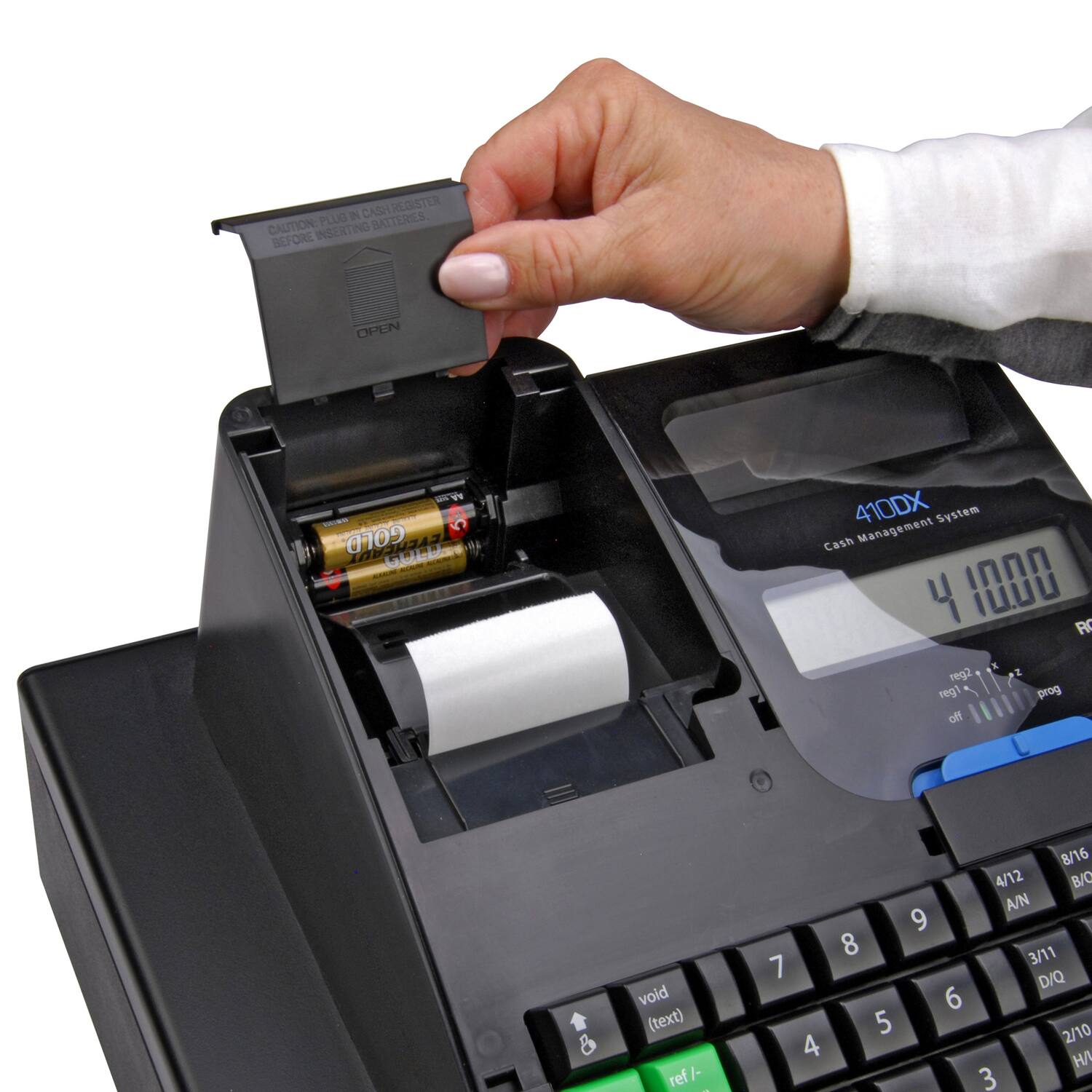 2 CASH REGISTER CAUTION PLUG IN CASH REGISTER BEFORE INSERTING BATTERIES OPEN - - GOLD QURL 410DX System Cash Management 4 1000 R reg2 reg1 prog off void (text) ref - - - 7 4 8 5 8/16 4/12 B/C A/N 9 3/11 D/Q 6 2/10 / 3