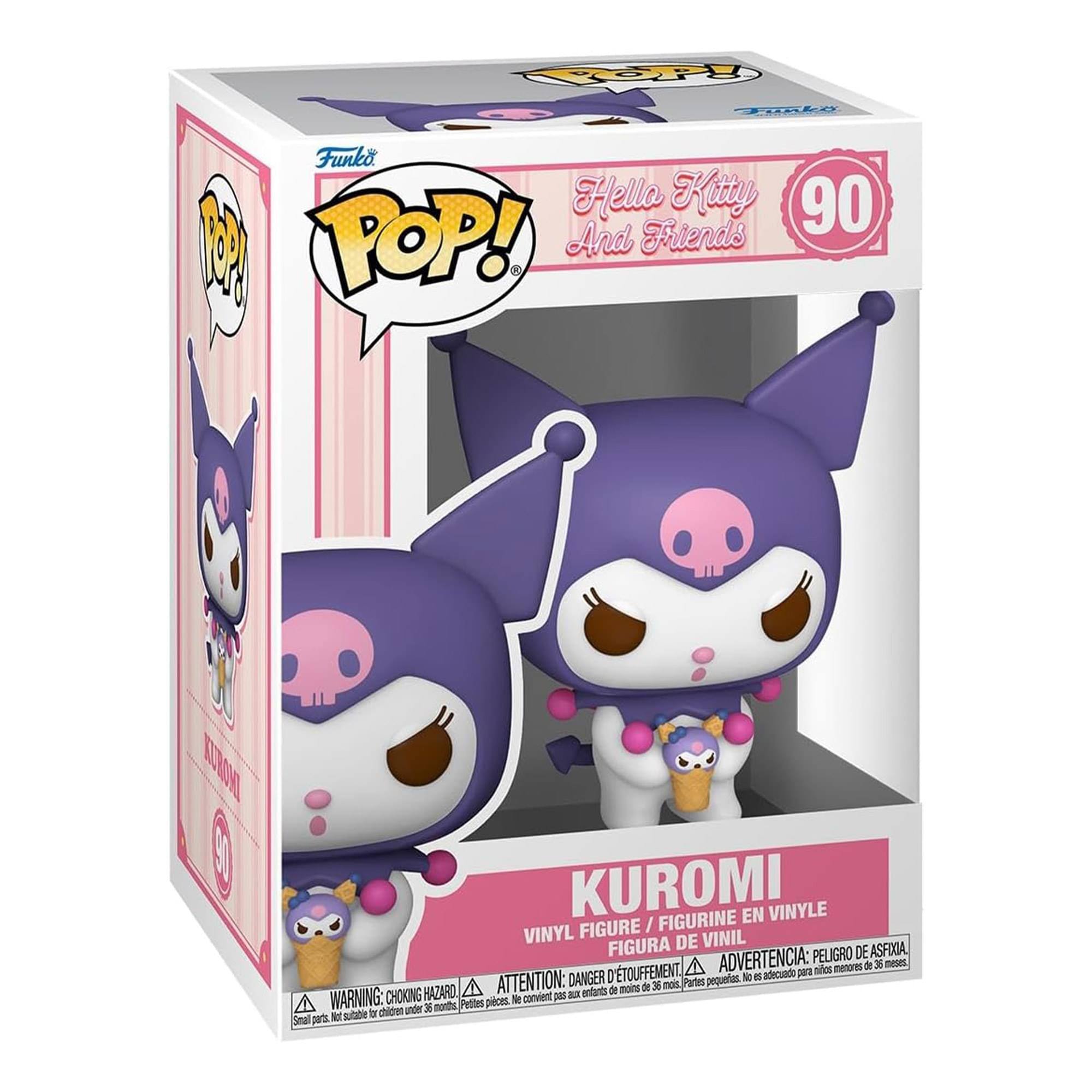Sure, here is the corrected and grouped text from the image:

---

**Front:**
- Funko POP!
- Hello Kitty And Friends
- 90
- KUROMI
- VINYL FIGURE / FIGURINE EN VINYLE / FIGURA DE VINIL
- DANGER - PELIGRO DE ASFIXIA / ATTENTION: PELIGRO DE ASFIXIA / ADVERTENCIA: PELIGRO DE ASFIXIA
- WARNING: CHOKING HAZARD - Small parts. Not suitable for children under 3 years. / ATTENTION: RISQUE DE SOUFFOCATION - Petits pièces. Ne convient pas aux enfants de moins de 3 ans. / ADVERTENCIA: PEQUEÑAS PIEZAS. No es adecuado para menores de 3 años.

**Side:**
- Funko POP!
- Hello Kitty And Friends
- 90

**Bottom:**
- WARNING: CHOKING HAZARD - Small parts. Not suitable for children under 3 years. / ATTENTION: RISQUE DE SOUFFOCATION - Petits pièces. Ne convient pas aux enfants de moins de 3 ans. /
