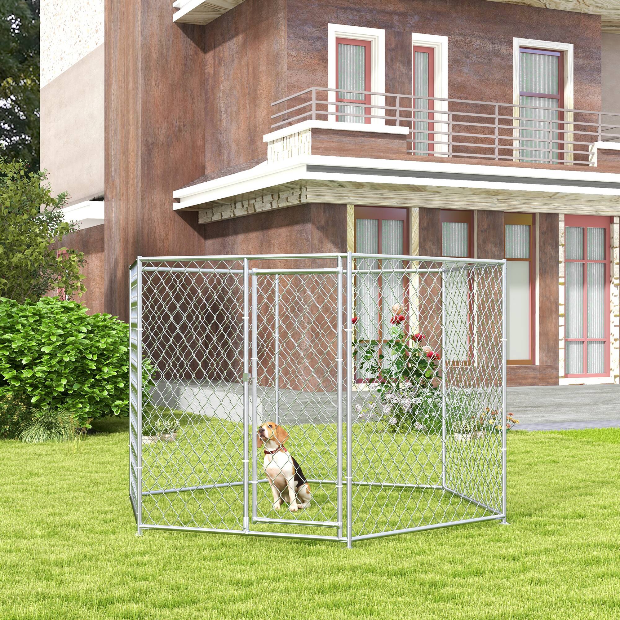 Angle. Pawhut - 9.2' x 8' x 5.6' Outdoor Dog Kennel, Heavy Duty Chain Link Run Playpen Fence with Lockable Door, Medium & Large Puppy.