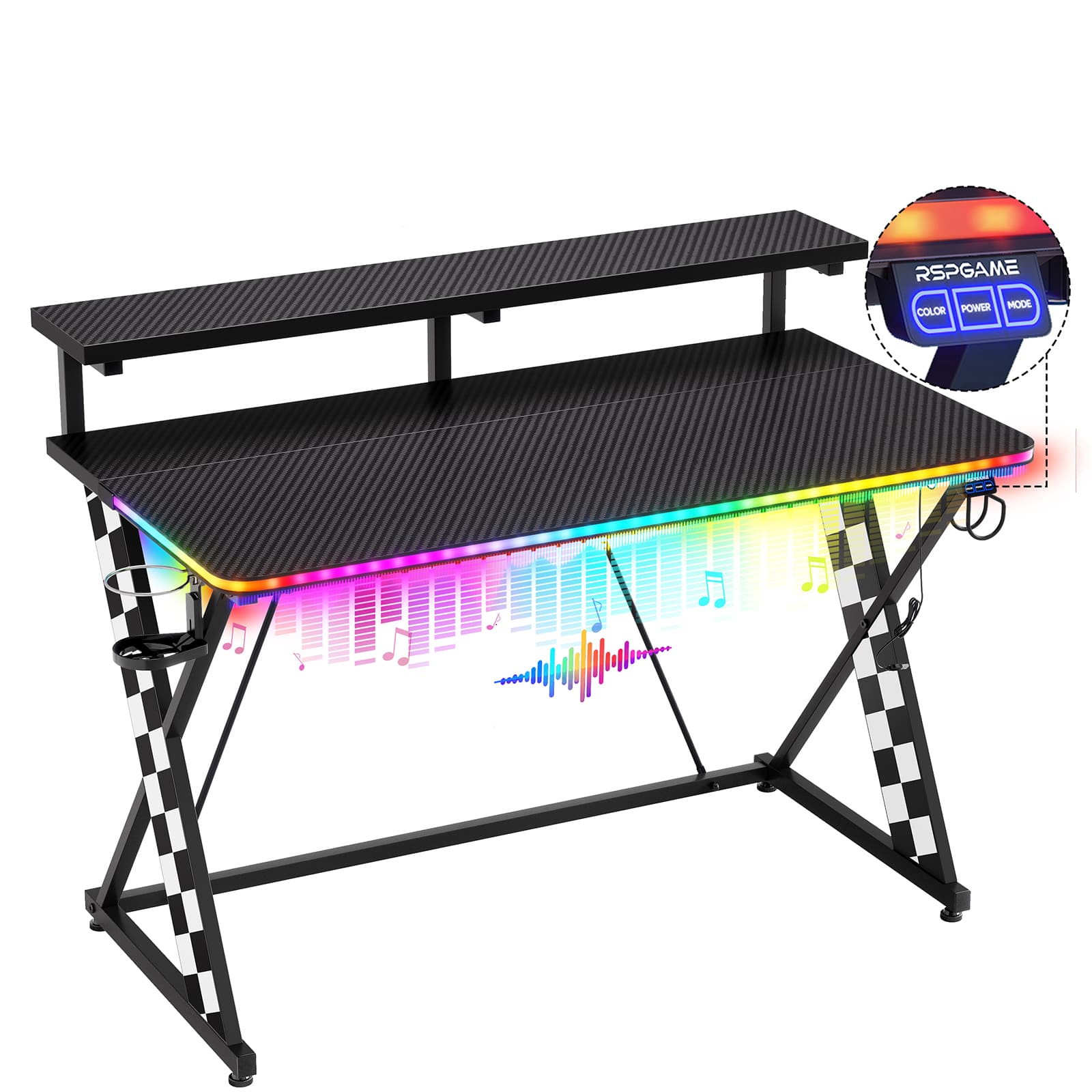 RSPGAME - Basic 43" Music Sync LED Gaming Desk w/ Dynamic Color-Changing & Racing Gear Style,Ergonomic Monitor Stand Computer Desk - Black & White