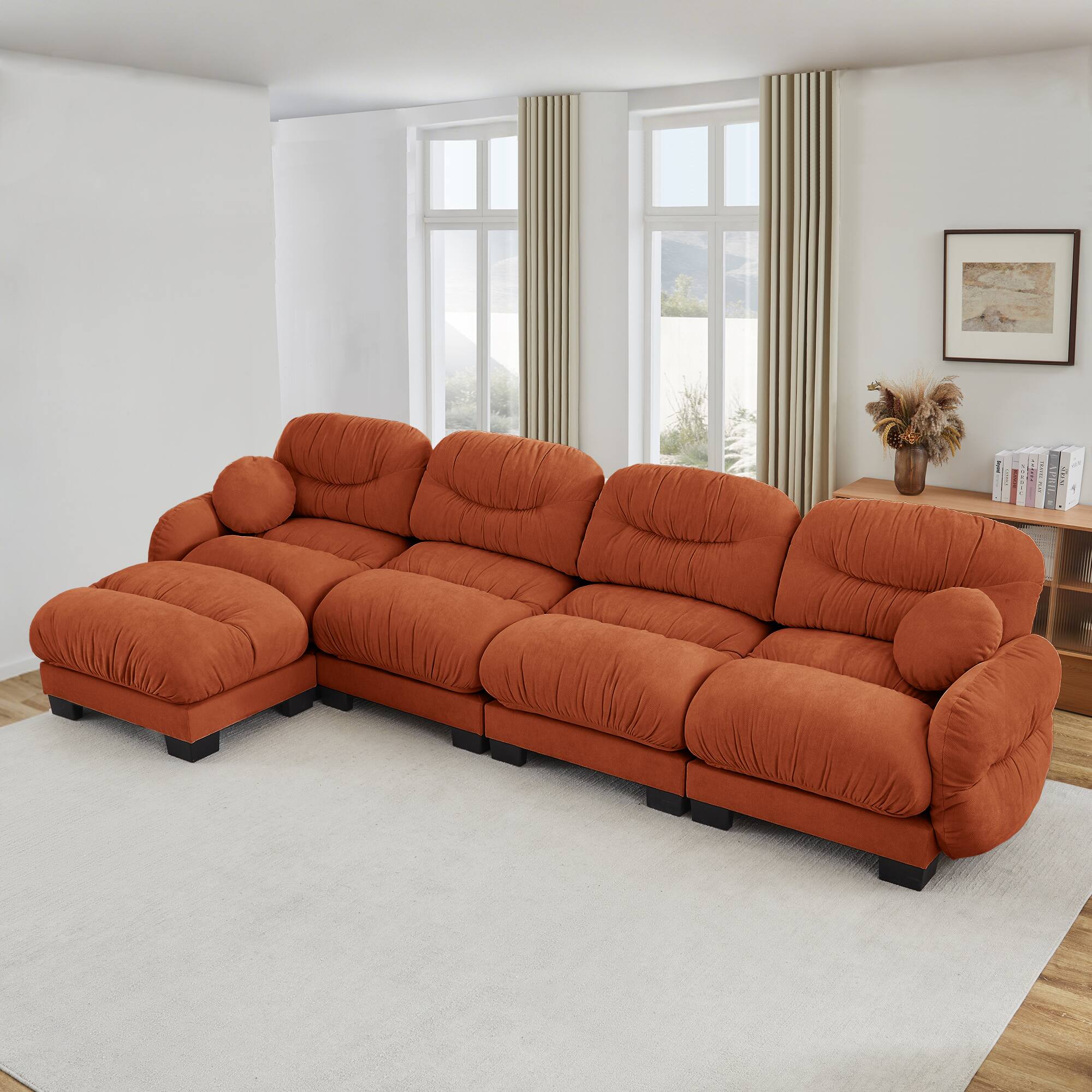 Angle. Anysun - 4-Seater L Shape Sectional Couch with Ottoman, Chenille Fabric, High-Density Foam & Curved Armrests for Living Room - Orange.