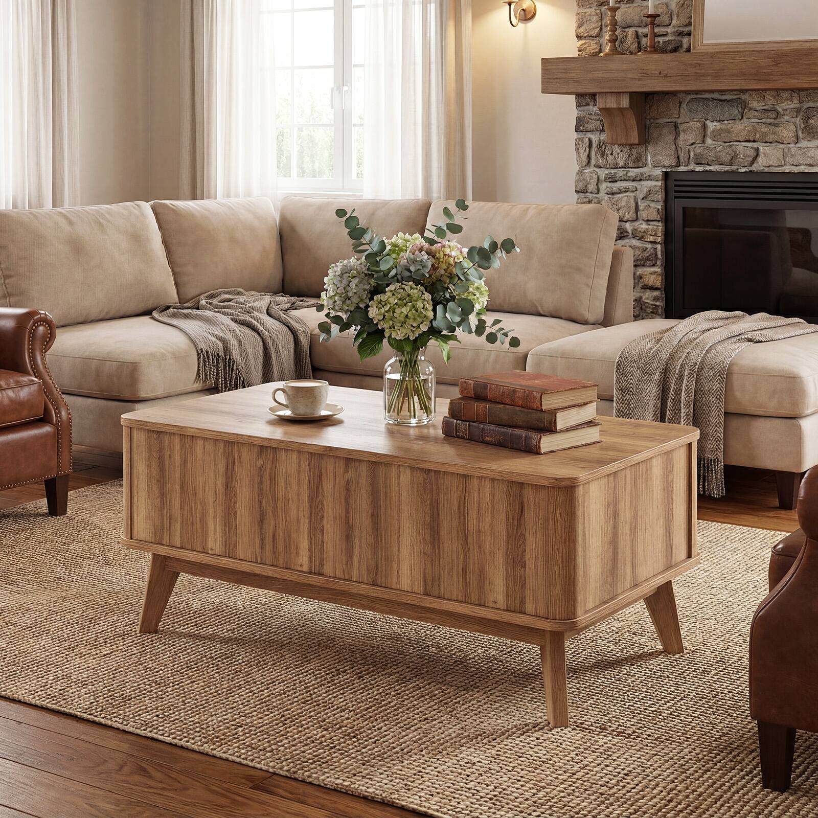 Alt View 4. Gymax - Gymax 35.5'' Fluted Lift Top Coffee Table w/Lift Tabletop Hidden Compartments for Home - Brown.