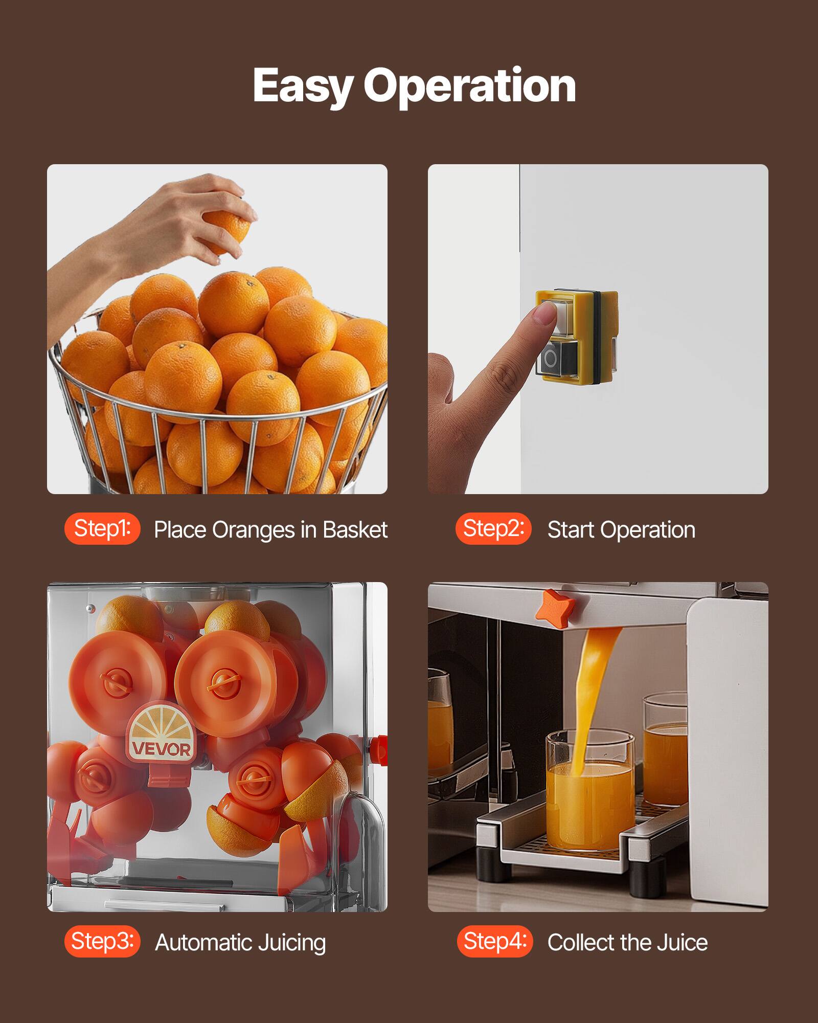 Easy Operation

Step 1: Place Oranges in Basket

Step 2: Start Operation

Step 3: Automatic Juicing

Step 4: Collect the Juice