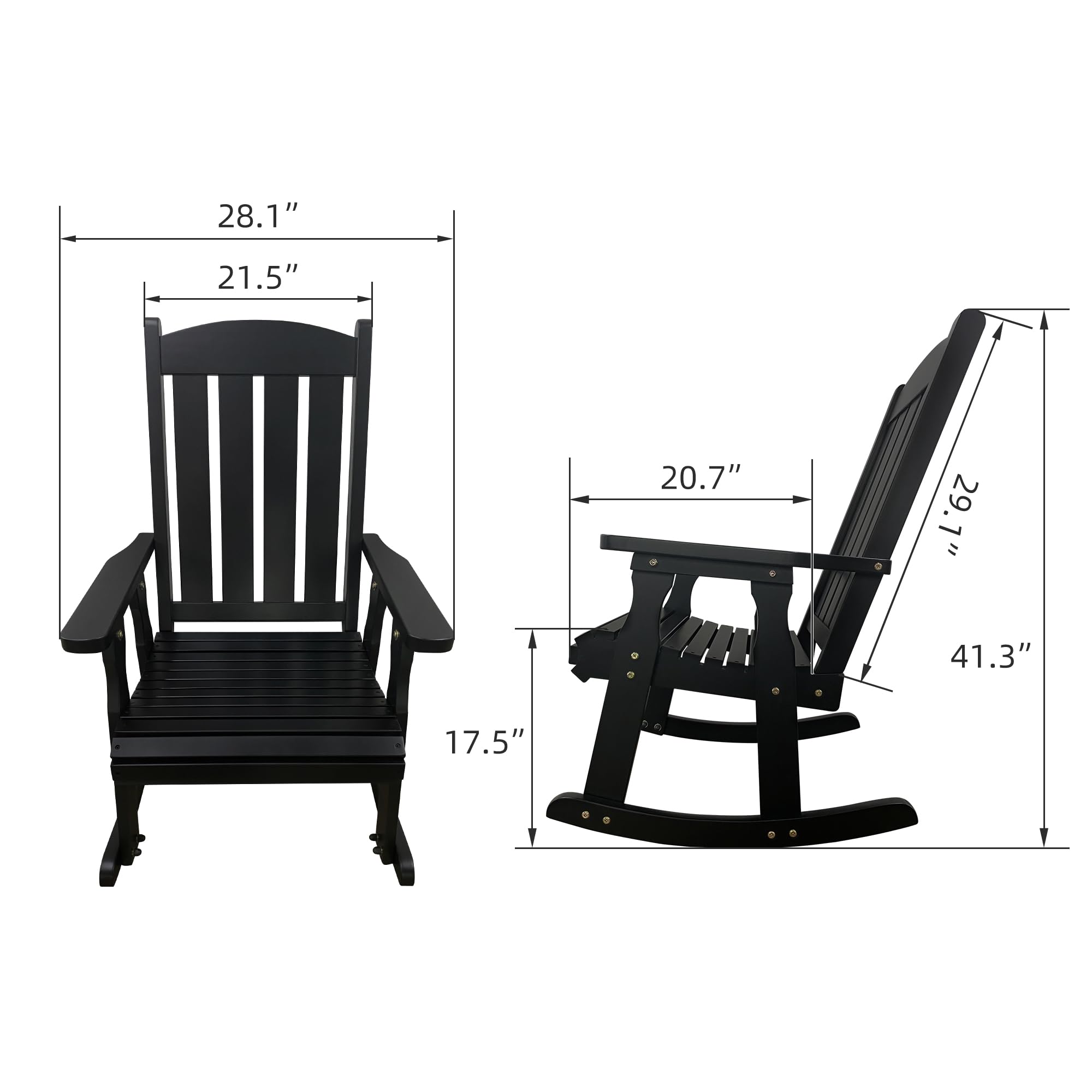 28.1", 21.5", 17.5" - dimensions of the chair

20.7", 29.1", 41.3" - dimensions of the rocker