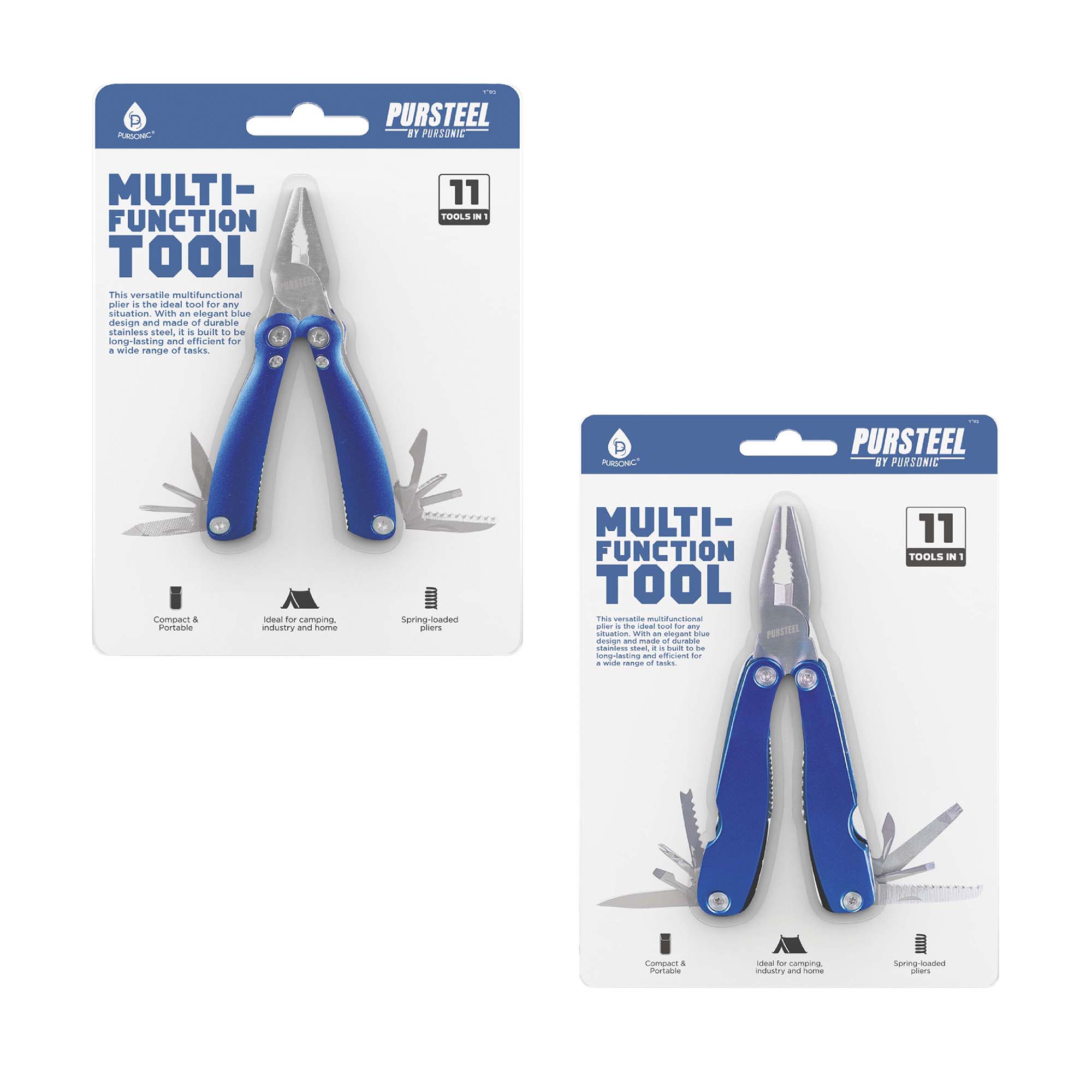 **Pursonic**

**PURSTEEL BY PURSONIC**

**MULTI-FUNCTION TOOL**

This versatile multifunctional plier has an elegant blue design and is made of durable stainless steel. It is built to be long-lasting and efficient for a wide range of tasks.

- Compact & Portable
- Ideal for camping, fishing and home
- Spring-loaded pliers

**11 TOOLS IN 1**