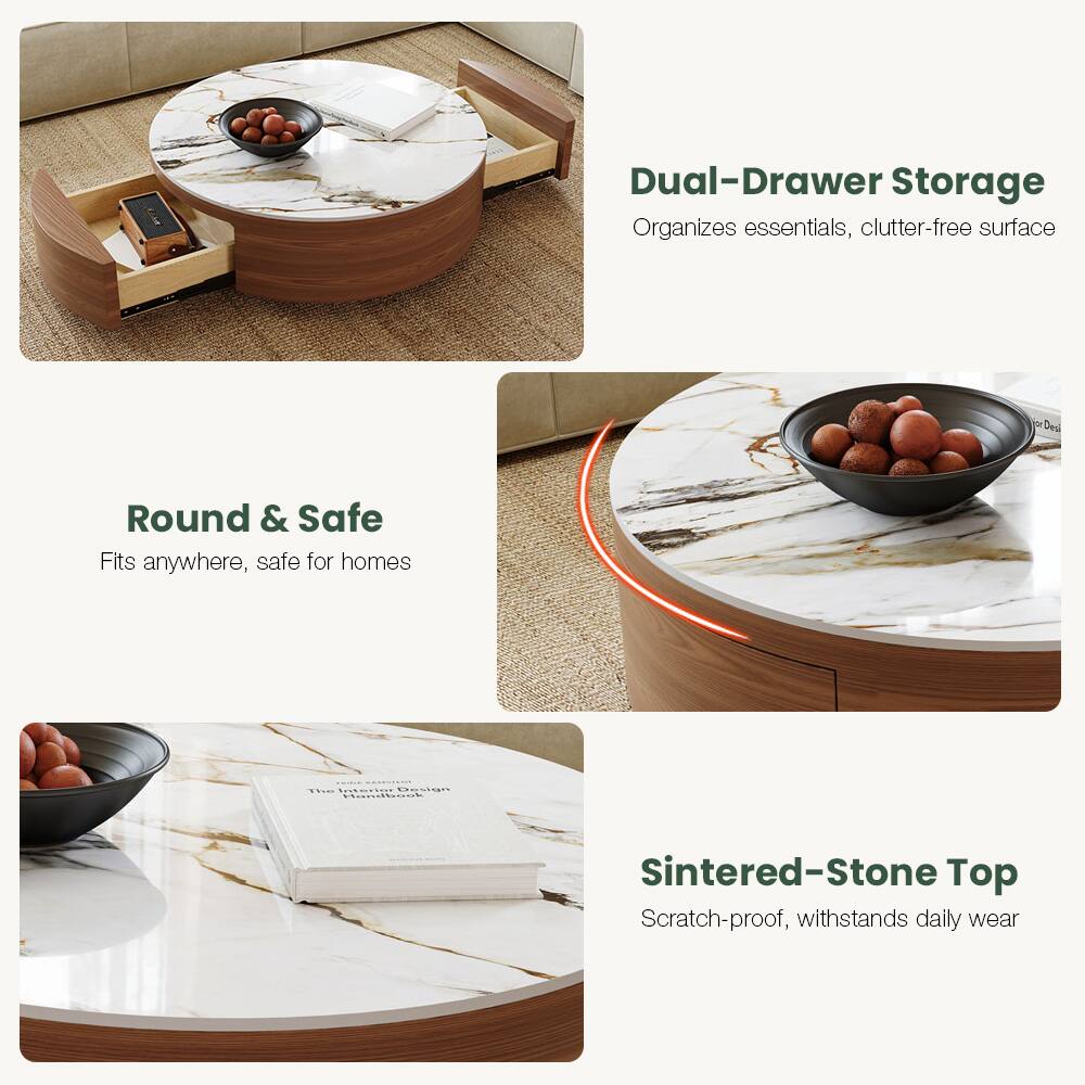Dual-Drawer Storage Organizes essentials, clutter-free surface  
Round & Safe Fits anywhere, safe for homes  
Sintered-Stone Top Scratch-proof, withstands daily wear