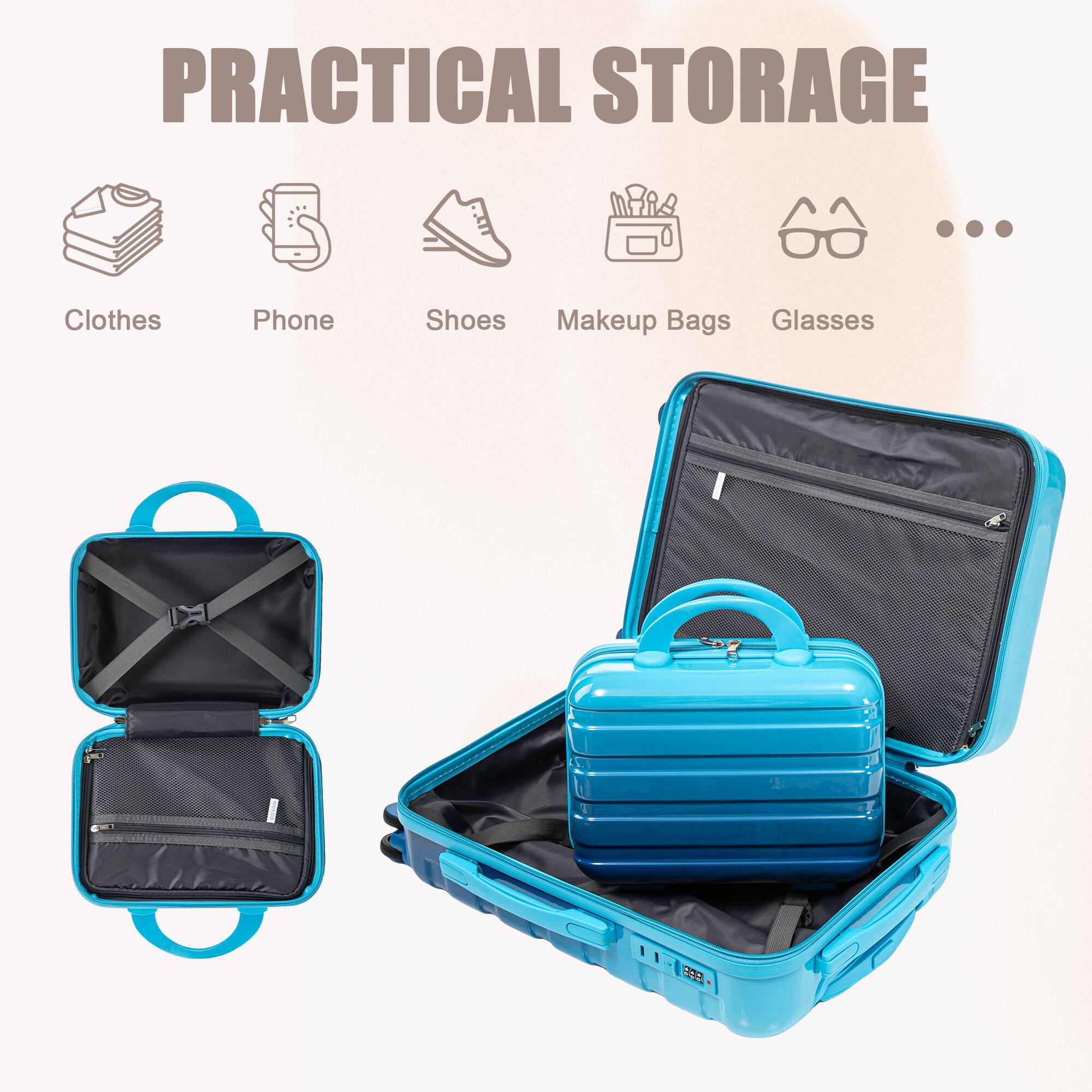 PRACTICAL STORAGE

Clothes  
Phone  
Shoes  
Makeup Bags  
Glasses