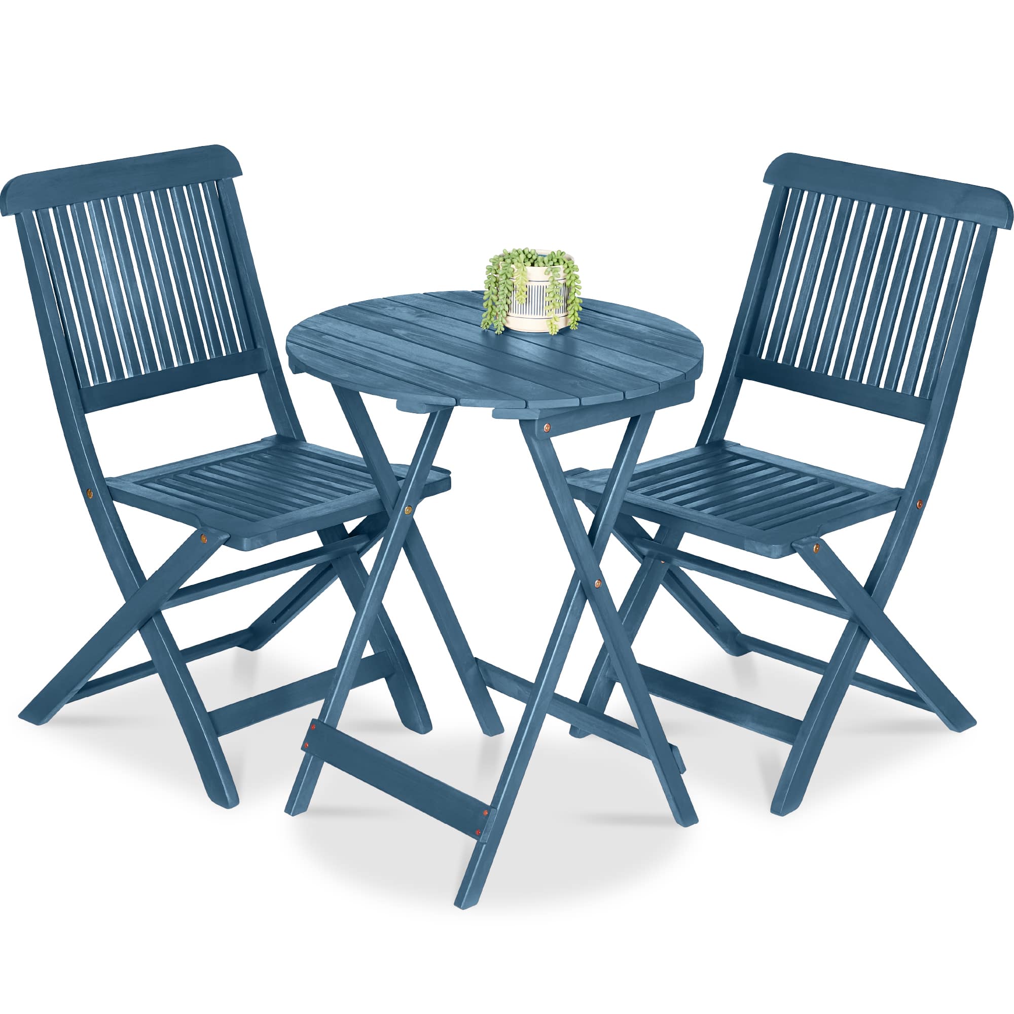 Best Choice Products - 3-Piece Acacia Wood Bistro Set, Folding Patio Furniture w/ 2 Chairs, Table - Slate Blue