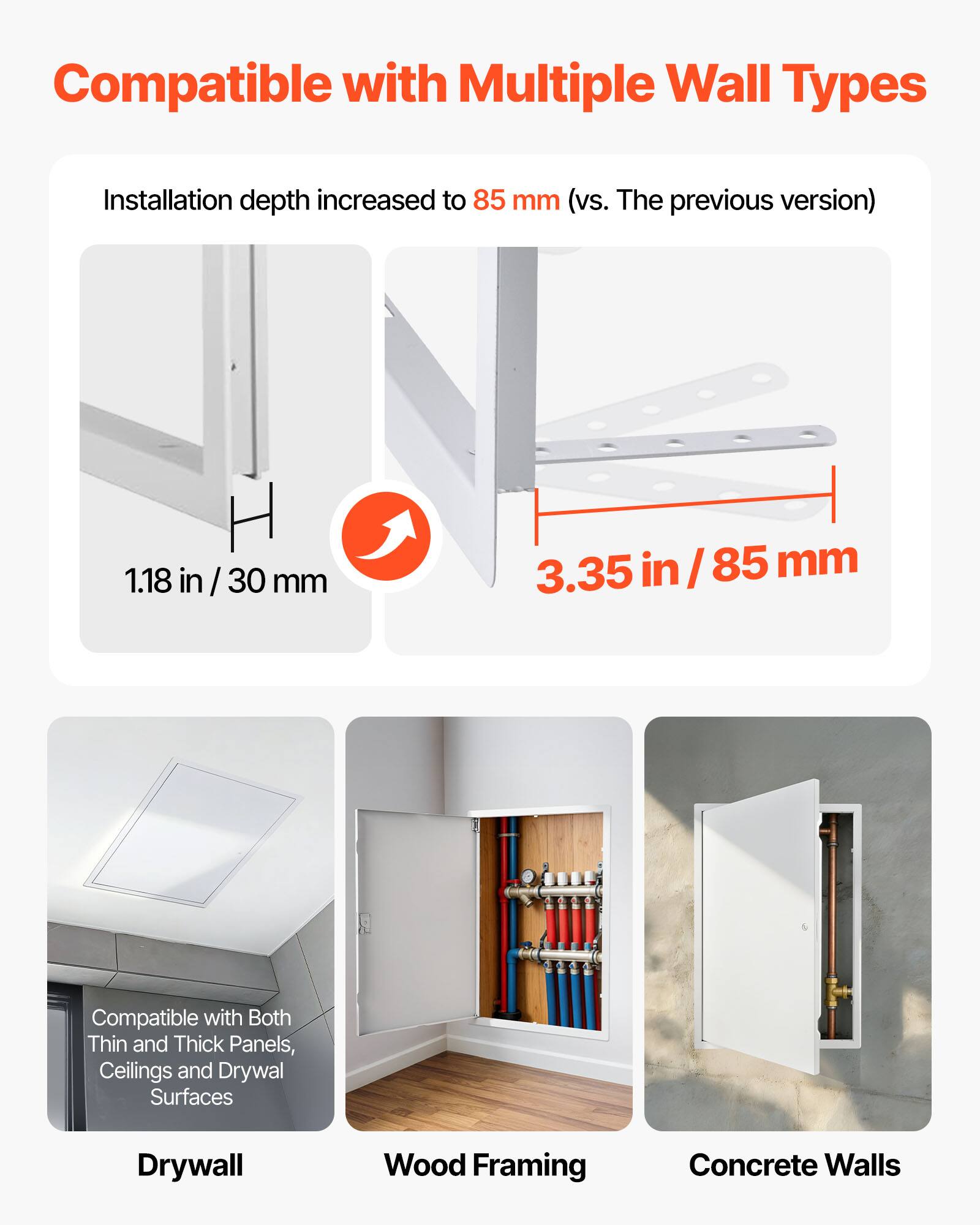 Compatible with Multiple Wall Types

Installation depth increased to 85 mm (vs. The previous version)

1.18 in / 30 mm

3.35 in / 85 mm

Compatible with Both Thin and Thick Panels, Ceilings and Drywall Surfaces

Drywall

Wood Framing

Concrete Walls