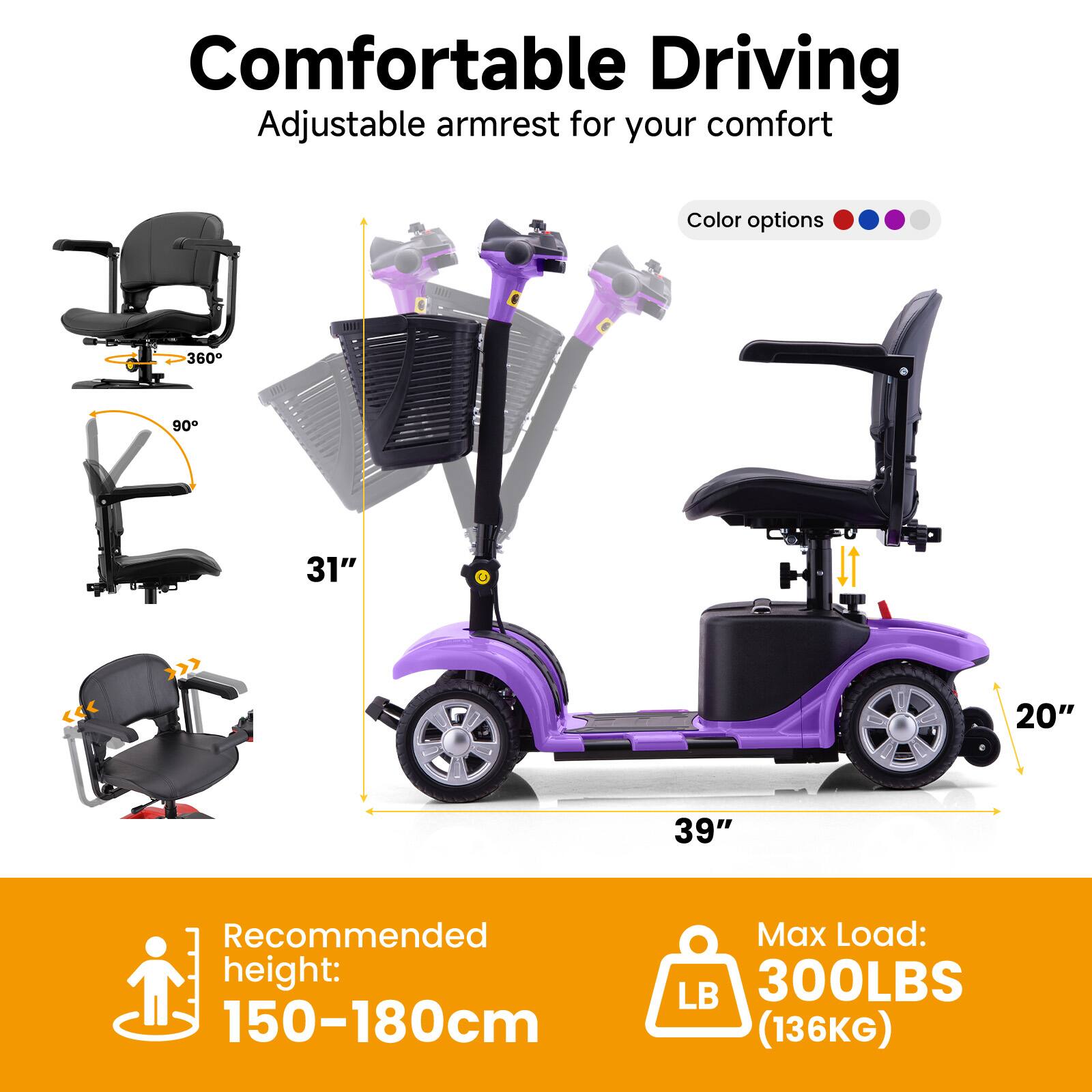 Comfortable Driving Adjustable armrest for your comfort  
Color options: 360°, 90°, 31", 20", 39"  
Recommended height: 150-180cm  
Max Load: 300LBS (136KG)