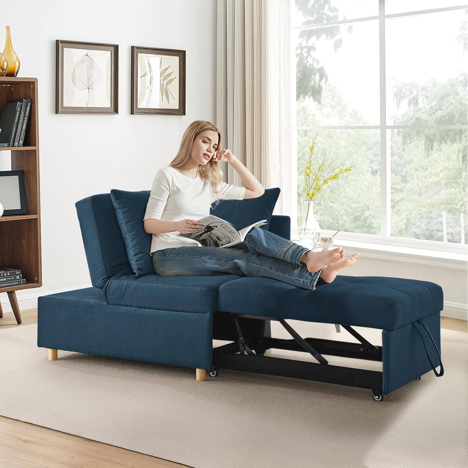 The text in the image is not clearly visible, but based on the context, it appears to be a product description or advertisement for a sofa bed. Here is a possible grouping and correction of the text:

---

**Product Description:**

- **Sofa Bed:**
  - Convertible sofa bed with a pull-out section for additional seating or sleeping.
  - Comfortable and stylish design.

- **Features:**
  - Easy to convert from sofa to bed.
  - Durable and supportive frame.
  - Soft and comfortable upholstery.

- **Dimensions:**
  - [Insert dimensions here]

- **Materials:**
  - High-quality fabric upholstery.
  - Sturdy metal frame.

- **Colors:**
  - Available in various colors, including blue.

- **Additional Information:**
  - Perfect for small spaces or guest rooms.
  - Easy to assemble and maintain.

---

This is a general template based on common product descriptions for sofa beds. The actual text in the image may vary.