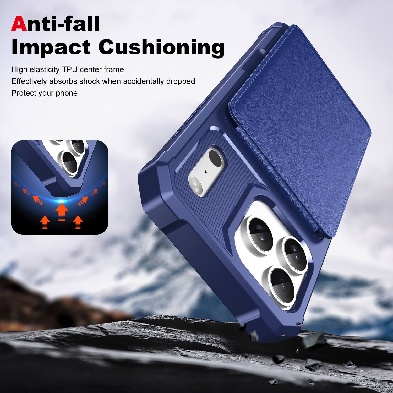 Anti-fall Impact Cushioning

High elasticity TPU center frame  
Effectively absorbs shock when accidentally dropped  
Protect your phone