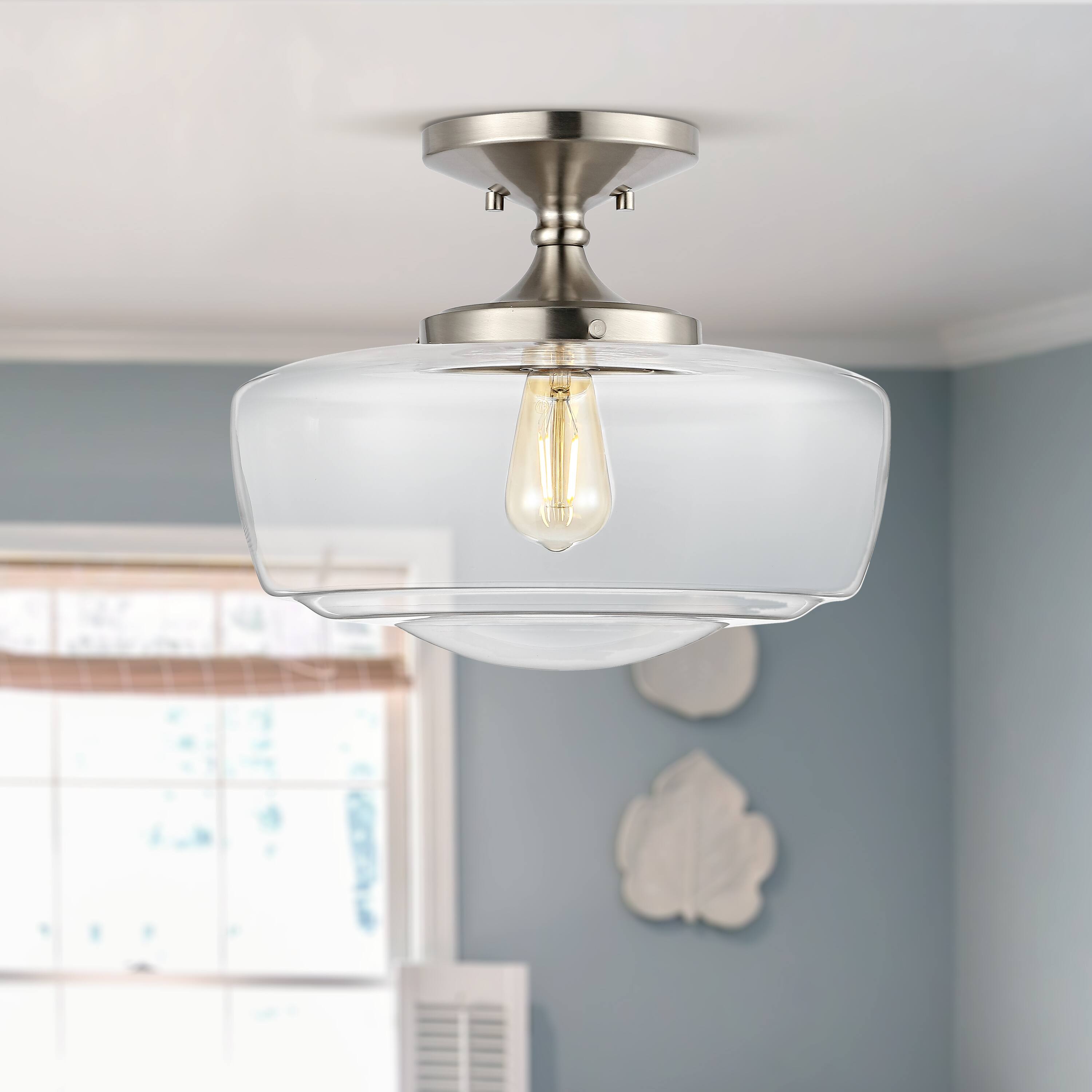 Alt View 1. Jonathan Y - Marfa 14" 1-Light Modern Farmhouse Schoolhouse Frosted Glass/Metal LED Semi Flush Mount, Nickel - Nickel.