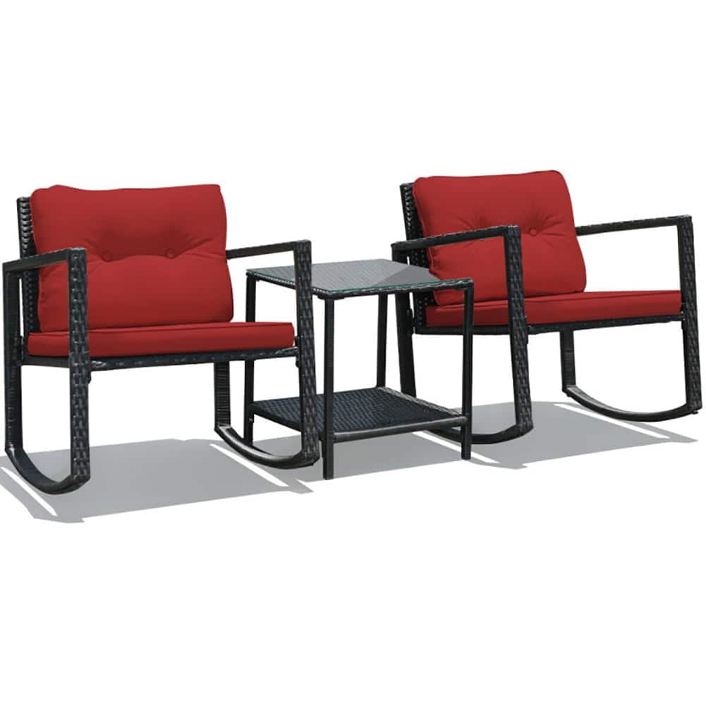 Pefilos - Cushioned Patio Rattan Seating Rocking Chair Glass Table Set 3 Pieces with Steel Frame Furniture, Black - Red