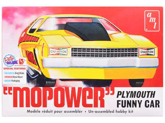 - Retro Deluxe
- Only from the KATS & AMTI
- SPECIAL FEATURES
- PAD-PRINTED Drag Slicks
- EXPANDED Decal Sheet
- VINTAGE Packaging
- a m t
- CHAMPION
- SHARP
- PLYMOUTH
- MOPOWER
- PLYMOUTH FUNNY CAR
- Modèle réduit pour assembler • Un-assembled hobby kit