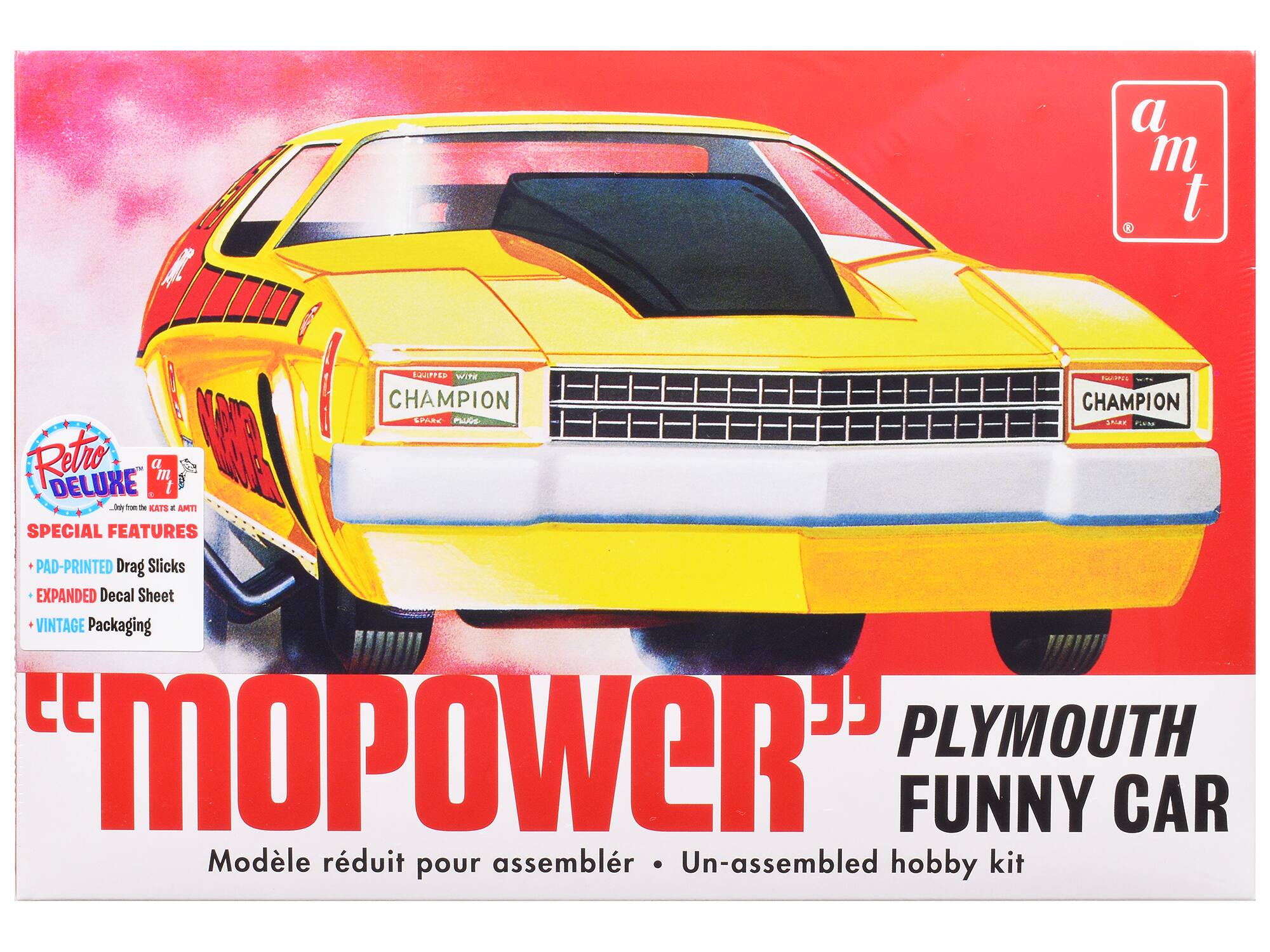 - Retro Deluxe
  - Only from the KATS & AMTI
  - SPECIAL FEATURES
    - PAD-PRINTED Drag Slicks
    - EXPANDED Decal Sheet
    - VINTAGE Packaging

- a m t

- CHAMPION
  - SHARP
  - PLYMOUTH

- MOPOWER

- PLYMOUTH FUNNY CAR
  - Modèle réduit pour assembler • Un-assembled hobby kit