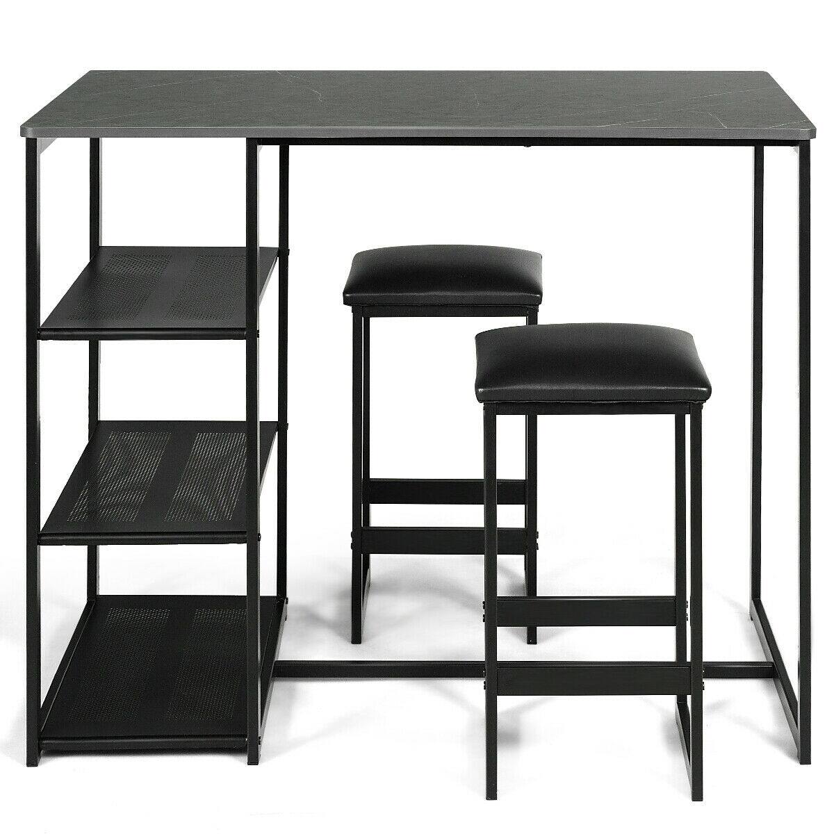 Gymax - 3 Piece Pub Set Industrial Style Faux Marble Top Table and 2 Stools Dining Set - Black
