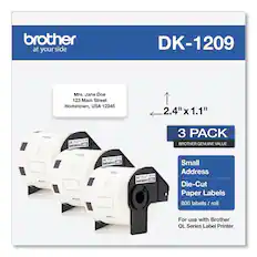 brother
at your side
DK-1209
Mrs. Jane Doe
123 Main Street
Hometown, USA 12345
2.4" x 1.1"
3 PACK
BROTHER GENUINE VALUE
Small Address
Die-Cut Paper Labels
800 labels / roll
For use with Brother QL Series Label Printer