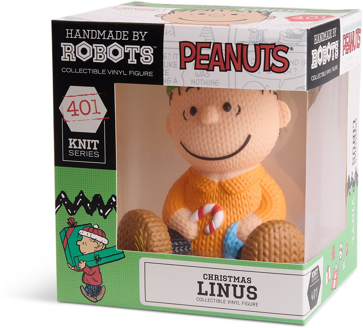 A 1-0-40 HANDMADE BY ROBOTS COLLECTIBLE VINYL FIGURE LIKE PEANUTS WAS NOTHING 401 KNIT SERIES VINYL CHRISTMAS LINUS COLLECTIBLE VINYL FIGURE