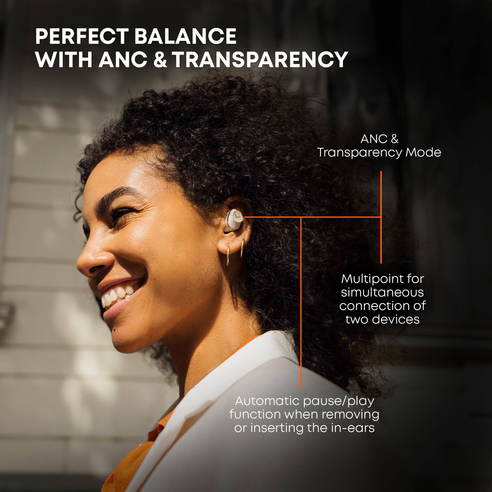 PERFECT BALANCE WITH ANC & TRANSPARENCY

ANC & Transparency Mode

Multipoint for simultaneous connection of two devices

Automatic pause/play function when removing or inserting the in-ears
