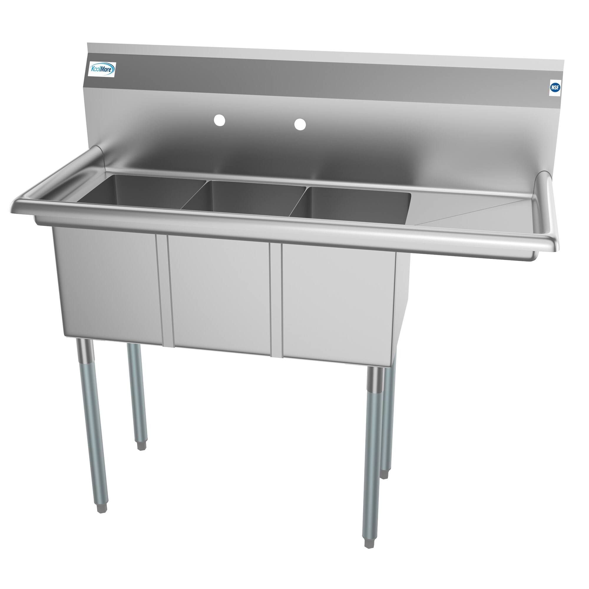 Angle. Koolmore - 45 in. Three Compartment Stainless Steel  Sink with Drainboard, Bowl Size 10"x 14"x 10" SC101410-12R3. - Stainless Steel.