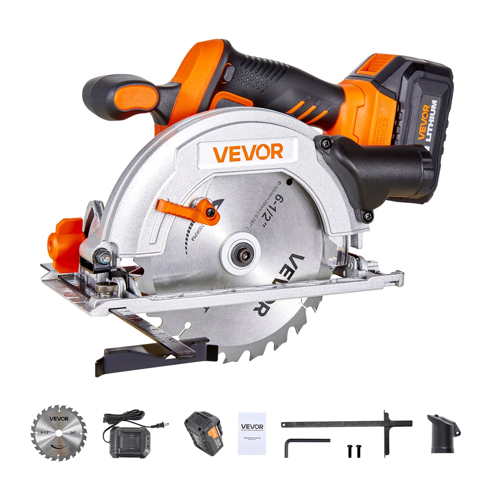 VEVOR - Cordless Circular Saw, 6-1/2 inch Blade, 4700 RPM Speed, 0-45 Degree Bevel Capability, Brushless Motor, LED Light - Orange