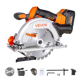 VEVOR - Cordless Circular Saw, 6-1/2 inch Blade, 4700 RPM Speed, 0-45 Degree Bevel Capability, Brushless Motor, LED Light - Orange