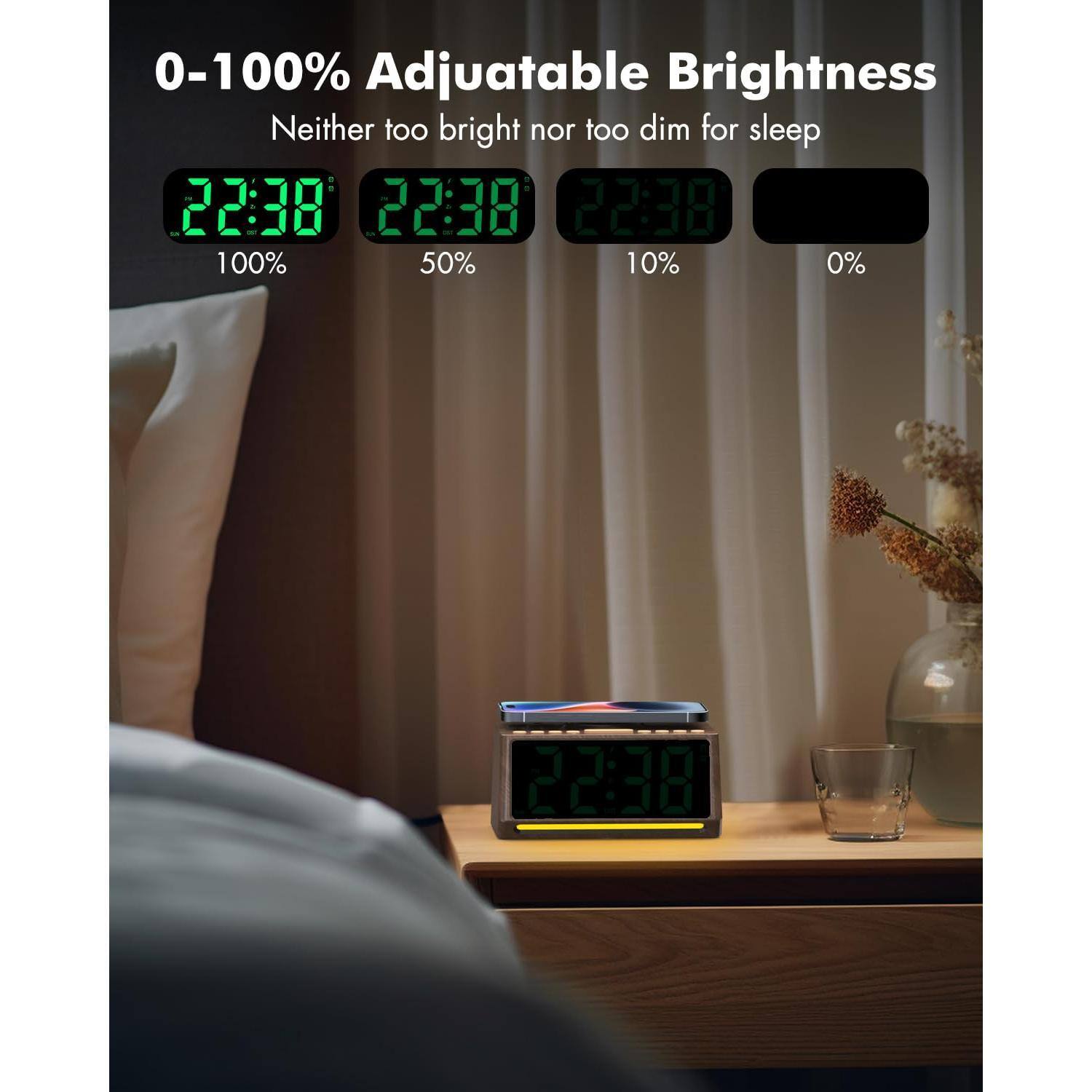 0-100% Adjustable Brightness  
Neither too bright nor too dim for sleep  

22:38 100%  
22:38 50%  
22:38 10%  
22:38 0%