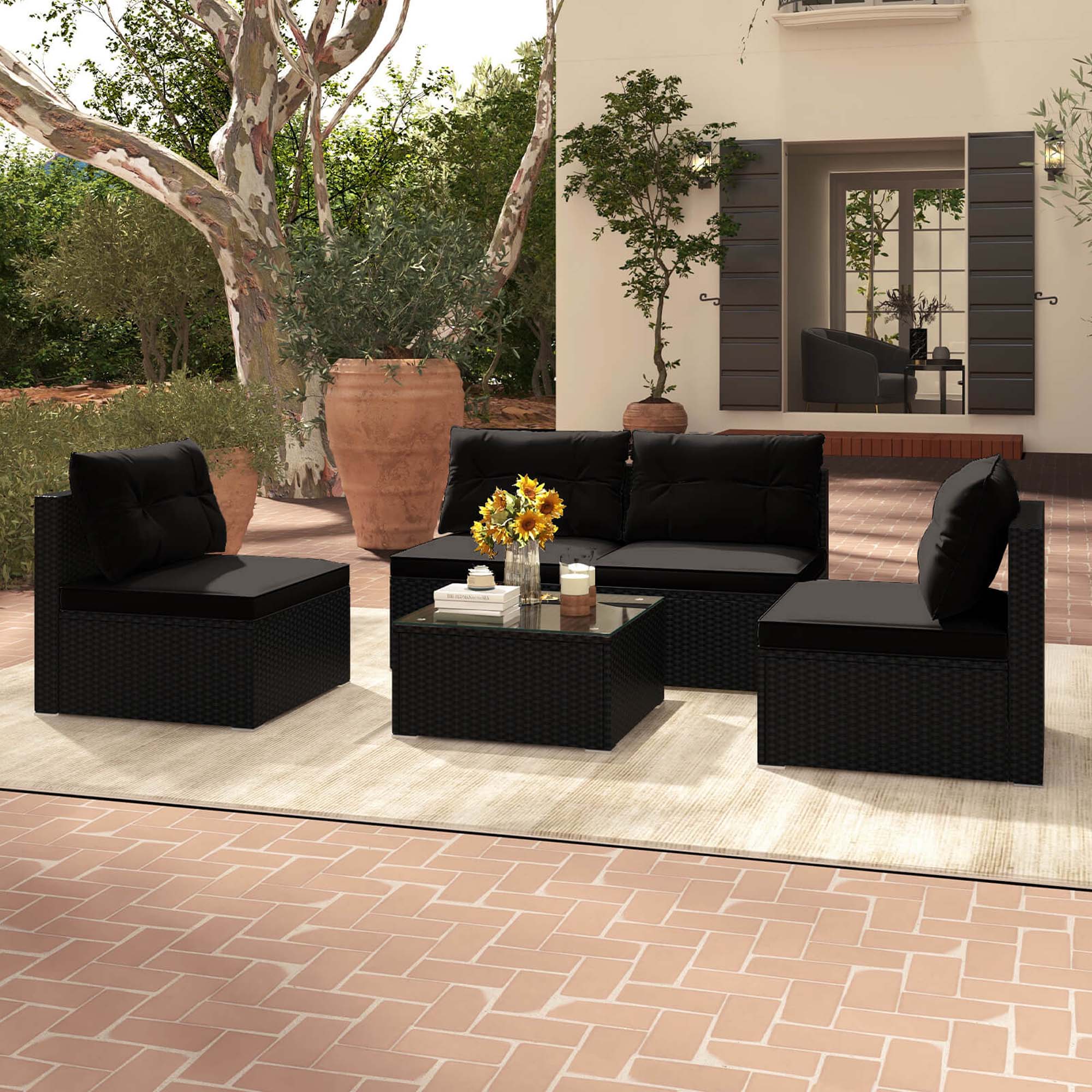 Alt View 1. Costway - Costway 5 Piece Outdoor Furniture Set with Seat & Back Cushions Tempered Glass Tabletop - Multicolor.