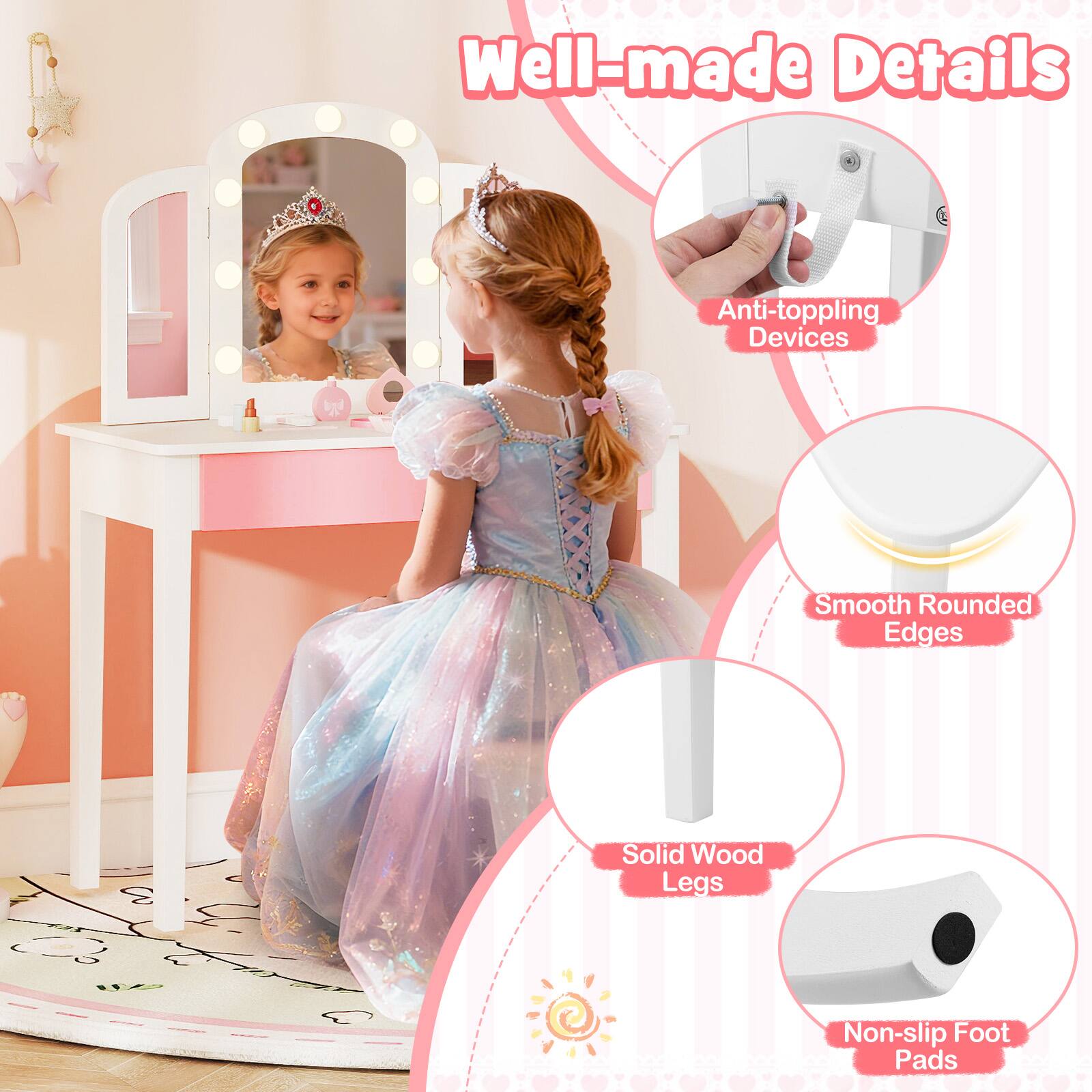 Gymax Kids Vanity Table Set 2 in 1 Princess Makeup Dressing Desk w