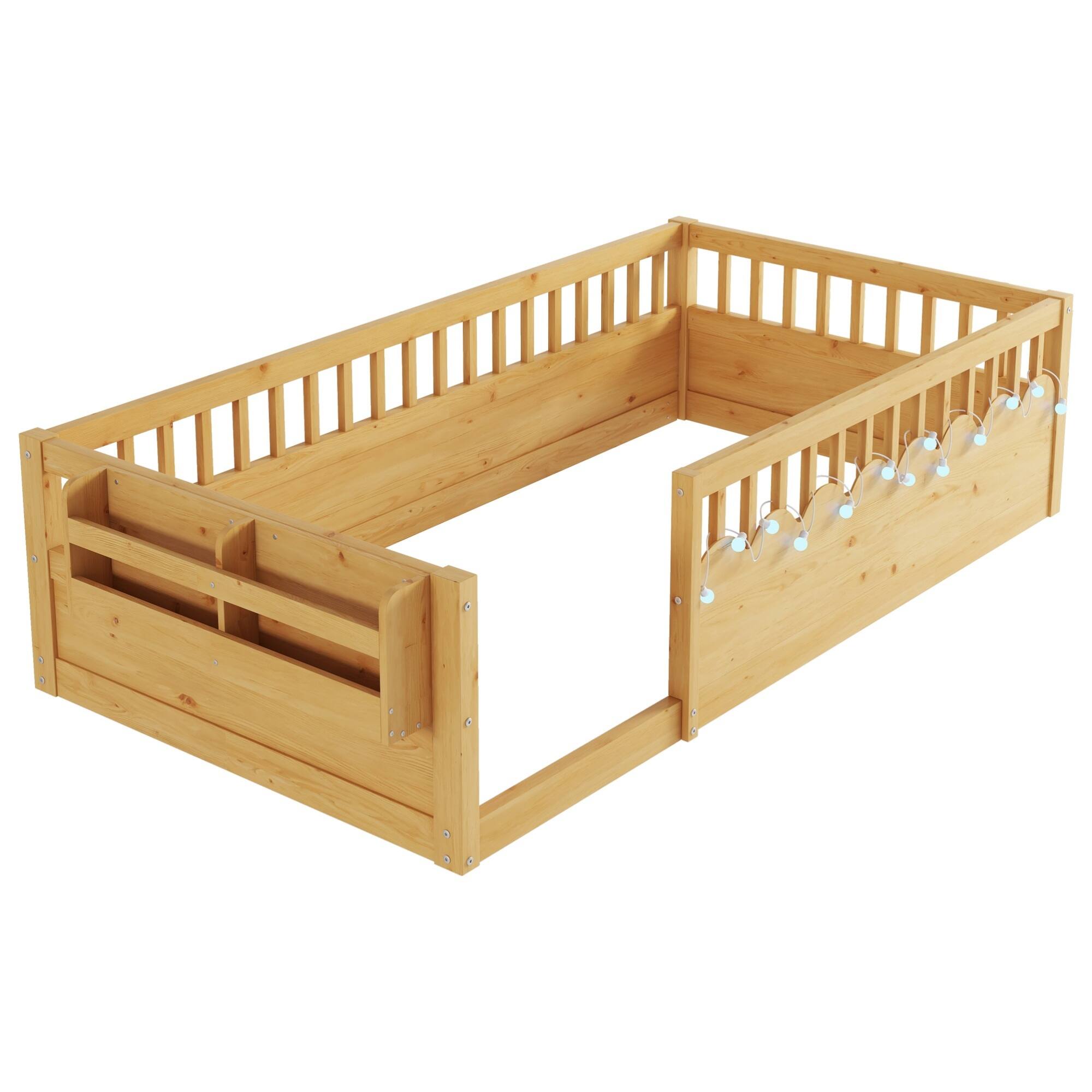 Alt View 6. GOODSILO - Twin Montessori Low Profile Floor Bed Frame with Safety Rails, LED Lighting and Storage Shelf for Children's Bedroom - Natural.