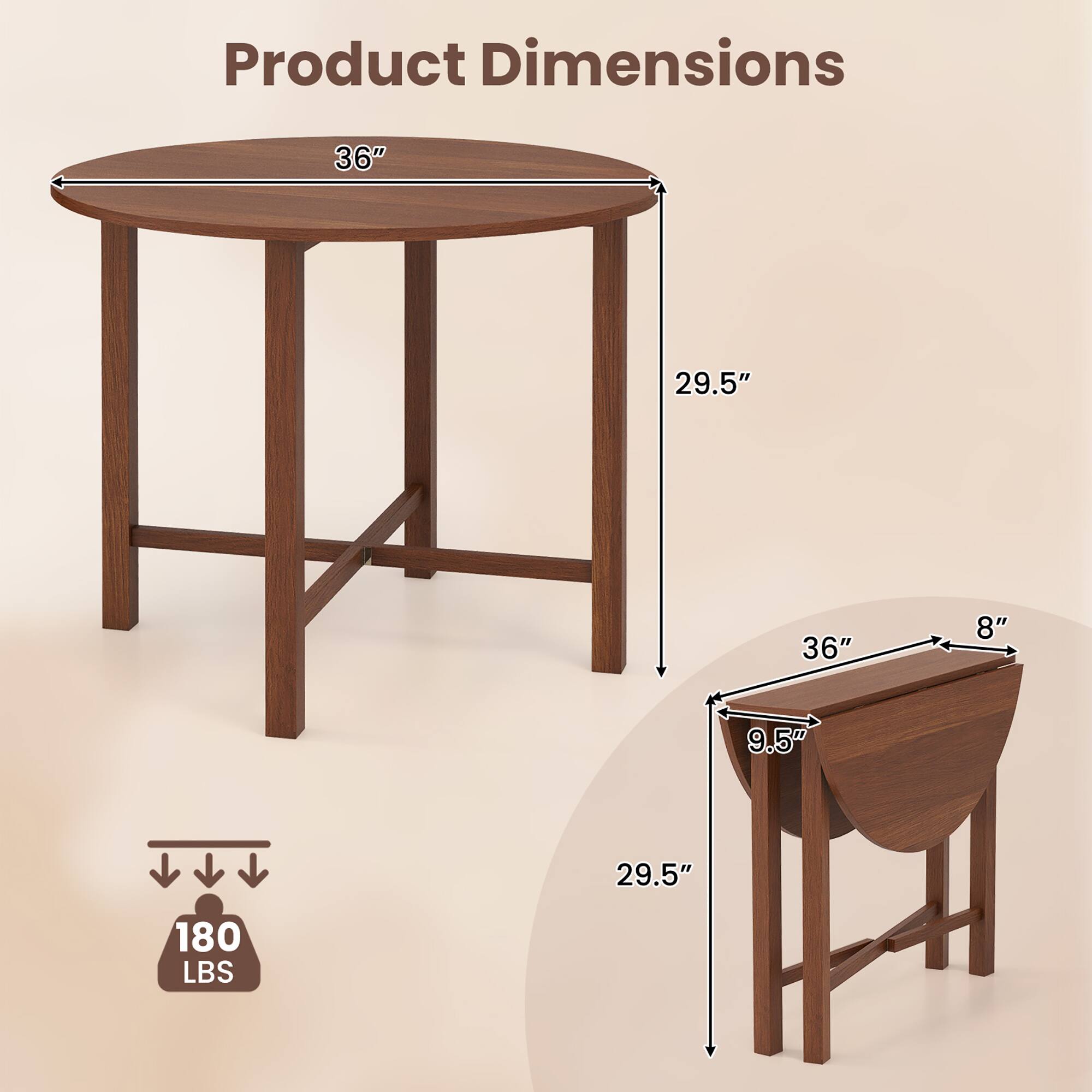 Product Dimensions

- Table: 36" (diameter) x 29.5" (height)
- Bench: 36" (length) x 9.5" (depth) x 29.5" (height)
- Weight Capacity: 180 LBS