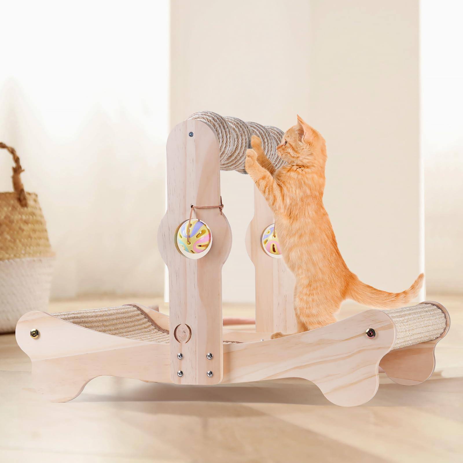 Front. Hirose Alice - 4-in-1 Cat Scratcher Bed With Balls & Bells Sisal For Indoor Cats Anti-tip Wood Base Scratch Pad Up - Ball.