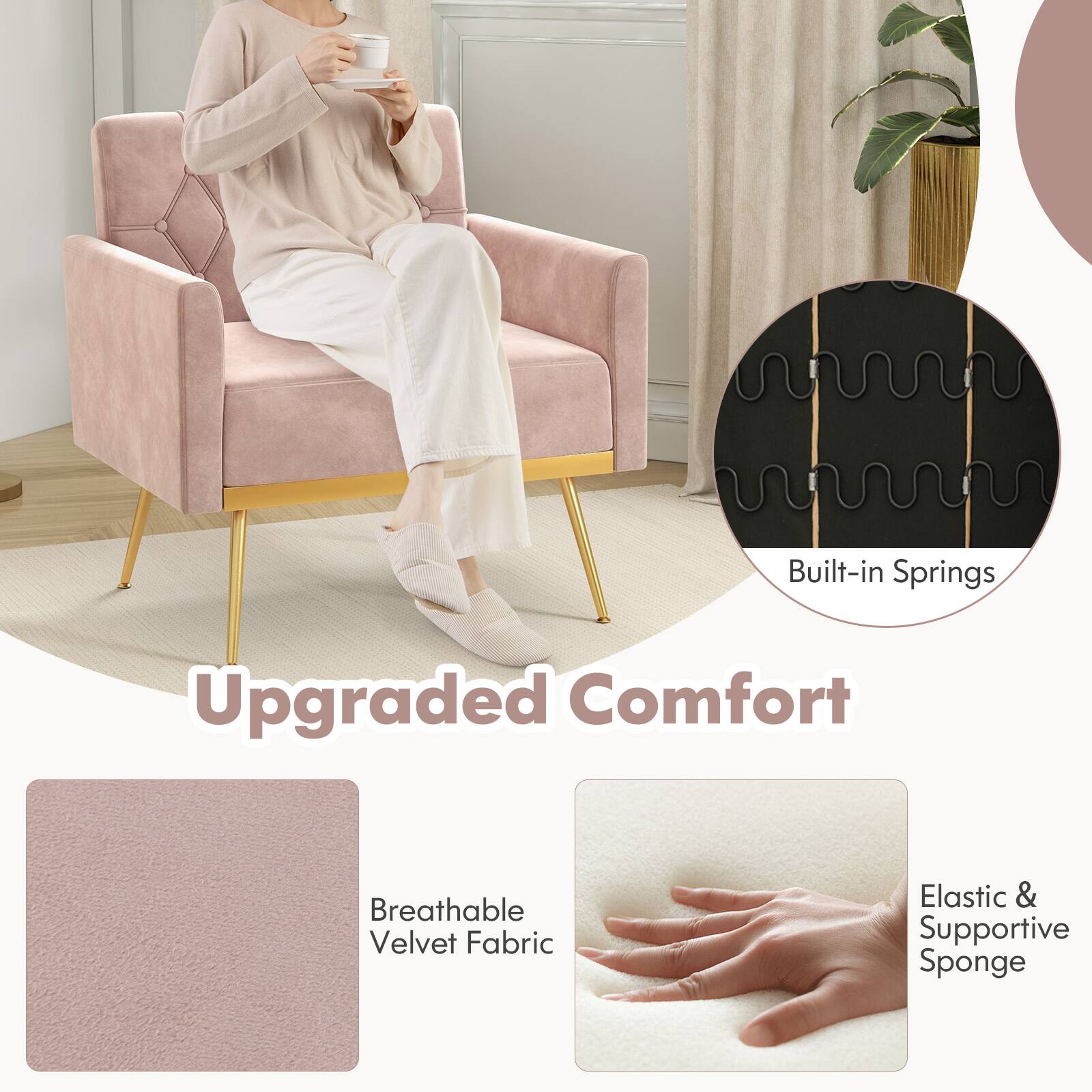 Upgraded Comfort, Breathable Velvet Fabric, Elastic & Supportive Sponge, Built-in Springs