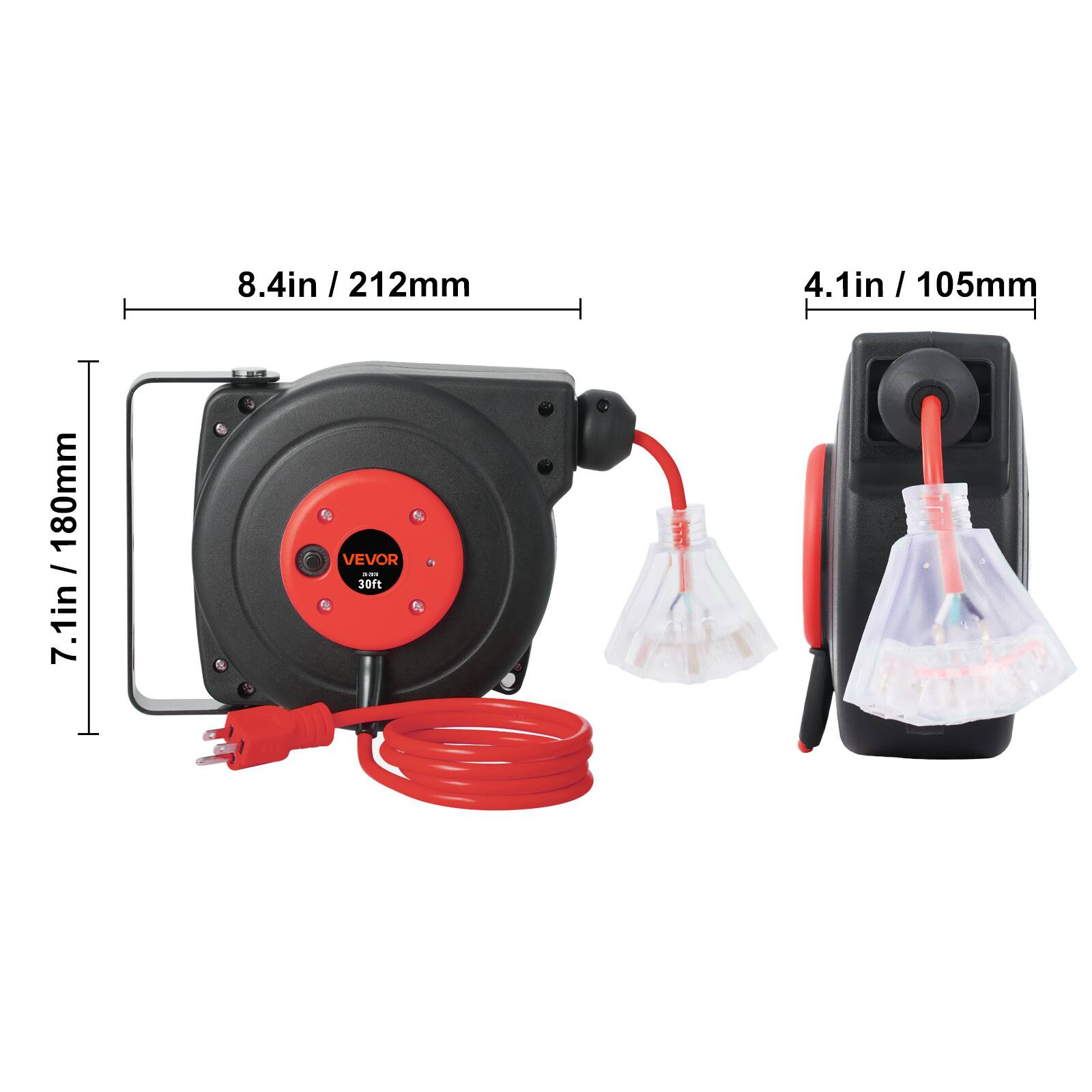 / 180mm 7.1in  
8.4in / 212mm  
VEVOR 2:201 30ft  
4.1in / 105mm
