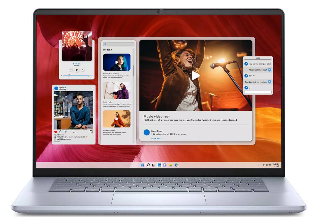 Sure, here is the corrected and grouped text:

---

**UP NEXT**

- **Burn On**  
  Festival

- **Raviam's workshop**  
  4:40 PM  
  Sound perfect - yes ten

- **Music video reel**  
  Highlight reel of my progress over the last year! Includes favorite tricks and lessons learned.  
  23K subscribers | 422K total views

---

**CHAT**

- **User 1:** Hey, are you joining us later?
- **User 2:** Absolutely! What time?
- **User 1:** 4:30 PM
- **User 2:** Sound perfect, see you then.

---

**Post by Mars Chen**  
18.09 views  
igta humble ong - - uaur sallh Yea  
M I sNAS Tow shreg -au A Mers Chen

---

**Post by spurt**  
Austin, TX  
13.32K views  
18.32K comments  
My latest collab 🎶  
My latest collab 🎶  
My latest collab 🎶  
My latest collab 🎶  
My latest collab 🎶  
