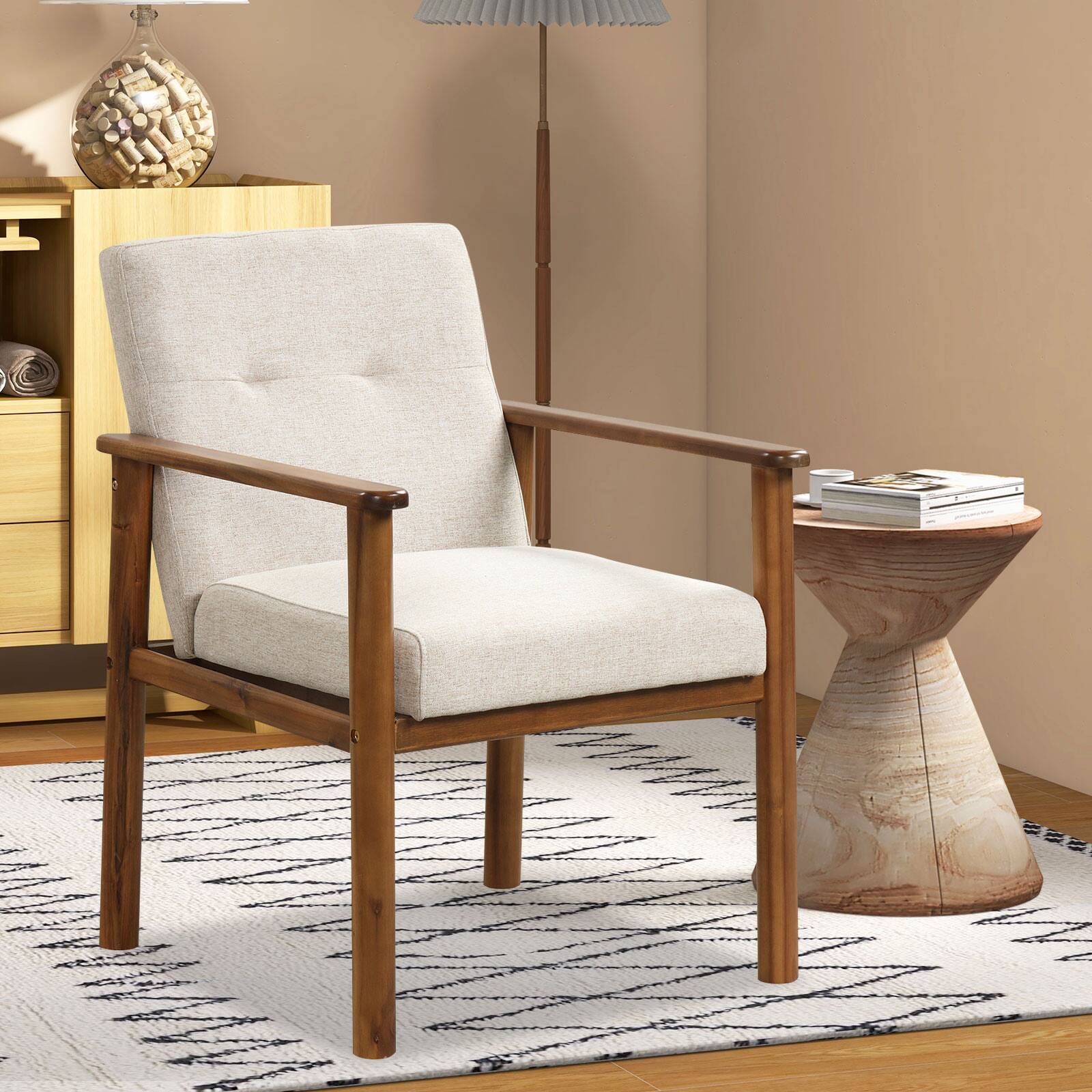 Alt View 7. Ecooso - Modern Linen Fabric Accent Armchair with Solid Wood Legs and Soft Cushioned Seat - Beige.