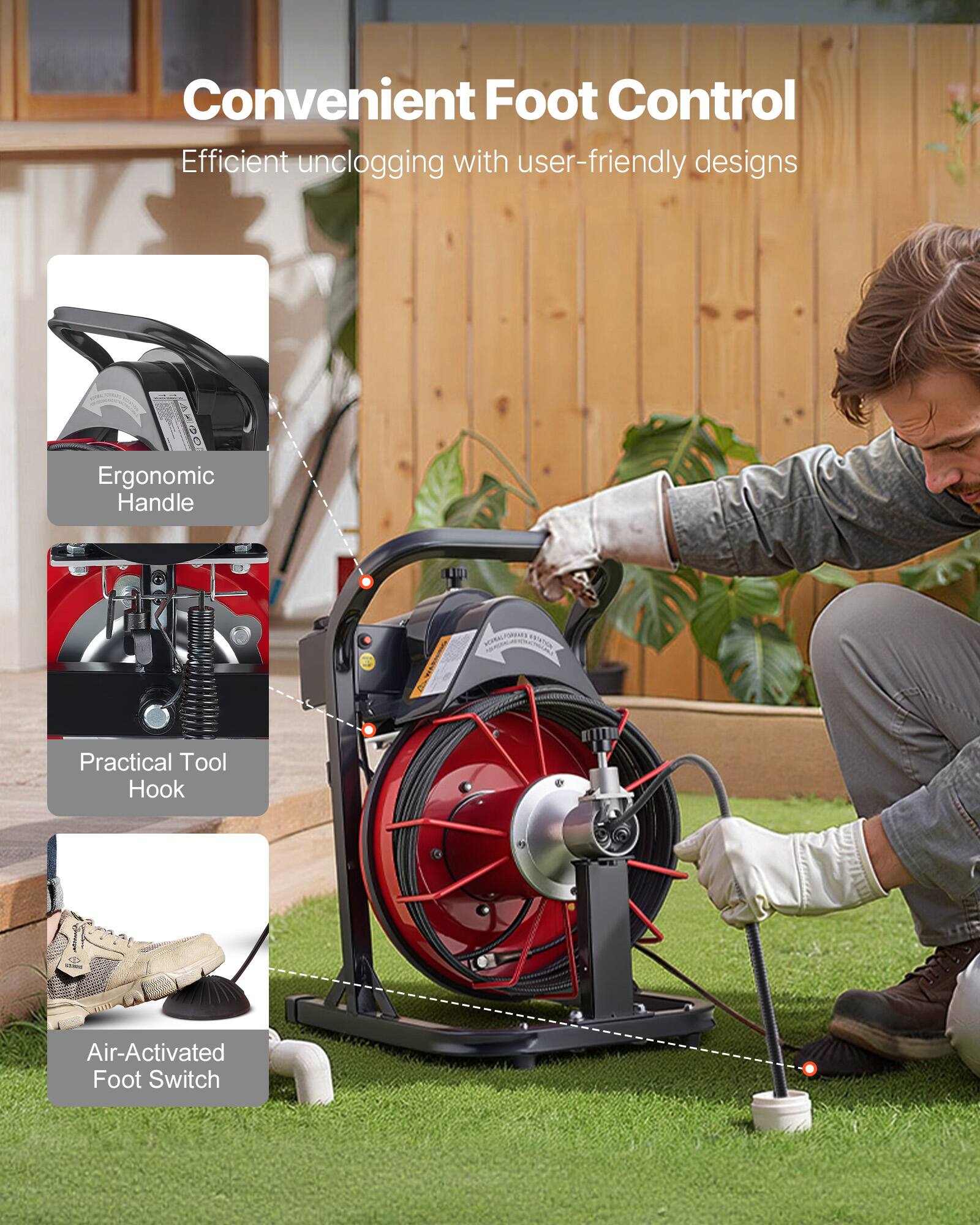 Convenient Foot Control  
Efficient unclogging with user-friendly designs  

- Ergonomic Handle  
- Practical Tool Hook  
- Air-Activated Foot Switch