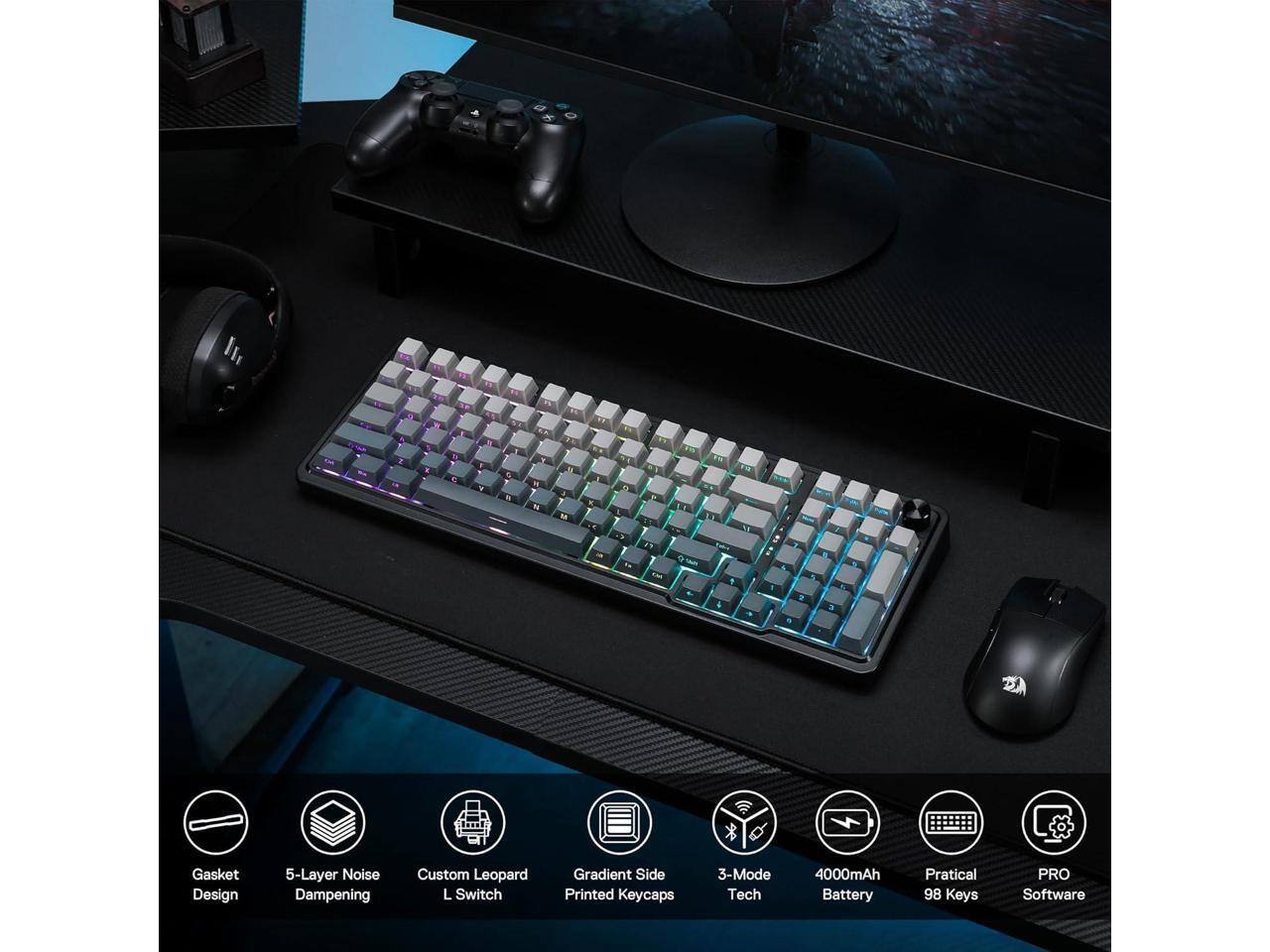 - Gasket Design
- 5-Layer Noise Dampening
- Custom Leopard L Switch
- Gradient Side Printed Keycaps
- 3-Mode Tech
- 4000mAh Battery
- Practical 98 Keys
- PRO Software
