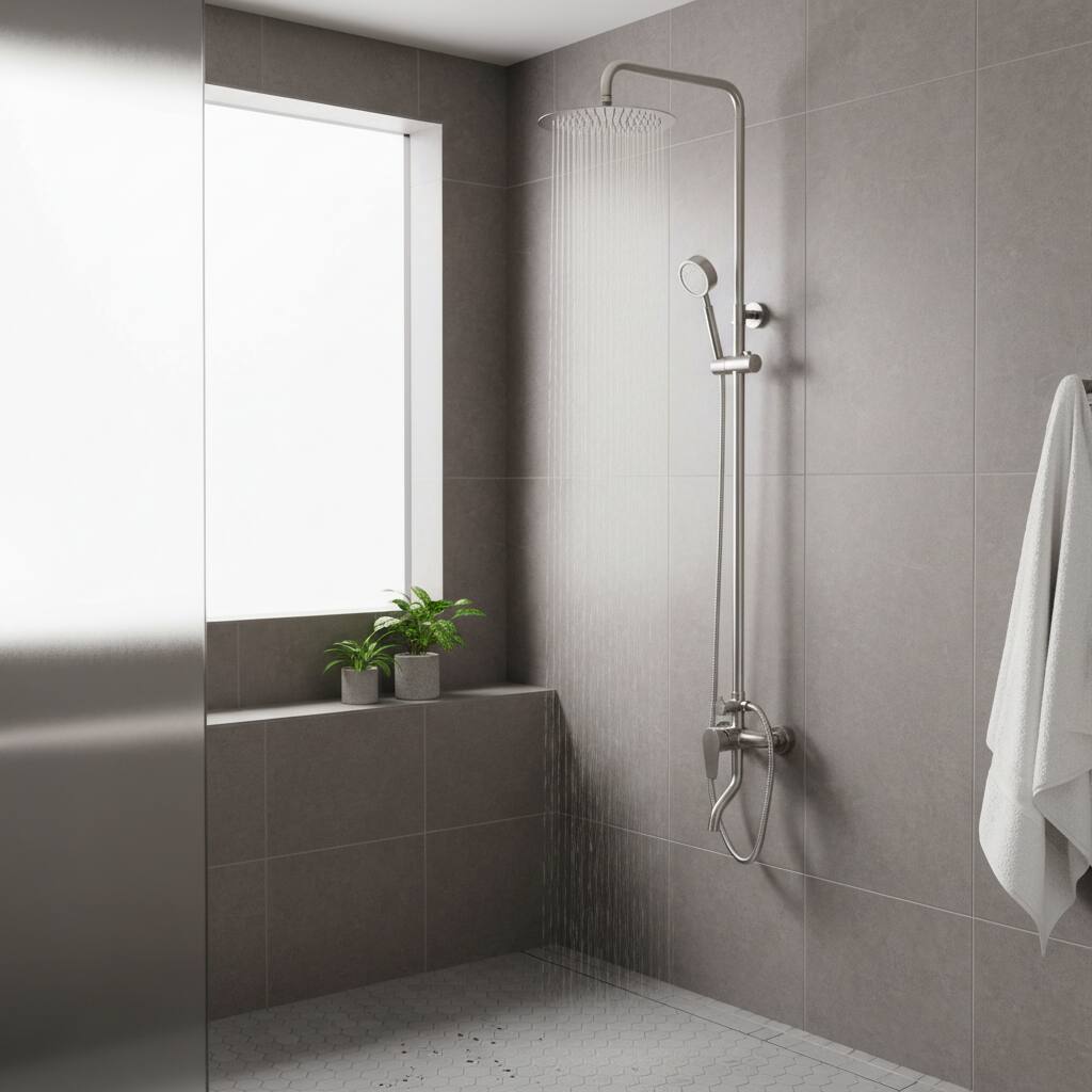 Left. Dazzed Corner - Complete Shower Faucet Set - SS304 Outdoor Shower Kit with Handheld & Head - Brushed Nickel.
