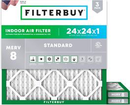 Filterbuy - 24x24x1 MERV 8 Dust & Allergy Defense, Electrostatic Pleated HVAC AC Furnace Air Filters Replacement (3-Pack) - Silver