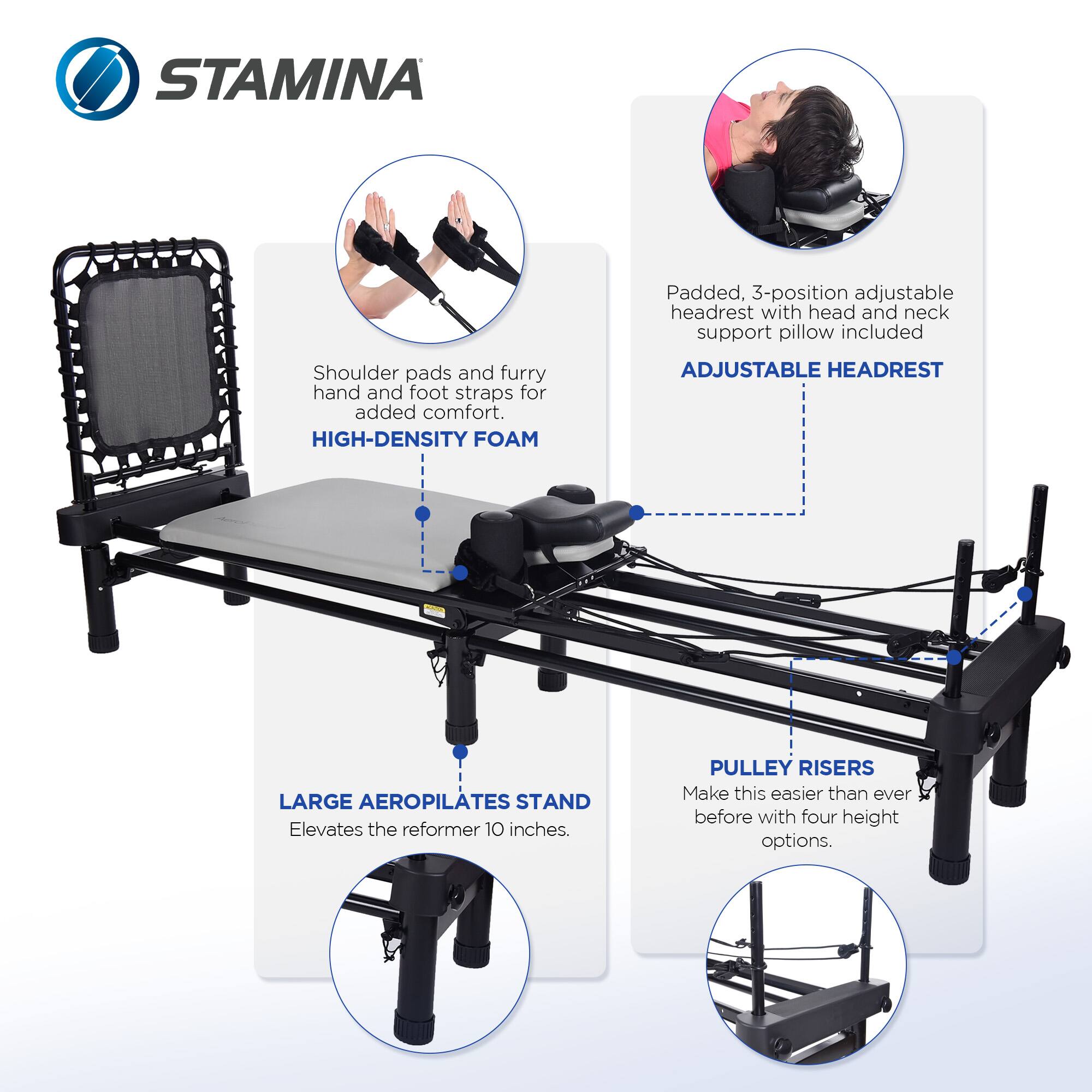 STAMINA  
Padded, 3-position adjustable headrest with head and neck support pillow included  
Shoulder pads and furry hand and foot straps for added comfort.  
HIGH-DENSITY FOAM  
ADJUSTABLE HEADREST  
LARGE AEROPILOTES STAND  
Elevates the reformer 10 inches.  
PULLEY RISERS  
Make this easier than ever before with four height options.