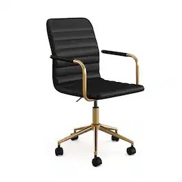 Martha Stewart - Taytum Upholstered Swivel Home Office Chair with Integrated Armrests - Black Faux Leather/Polished Brass Frame
