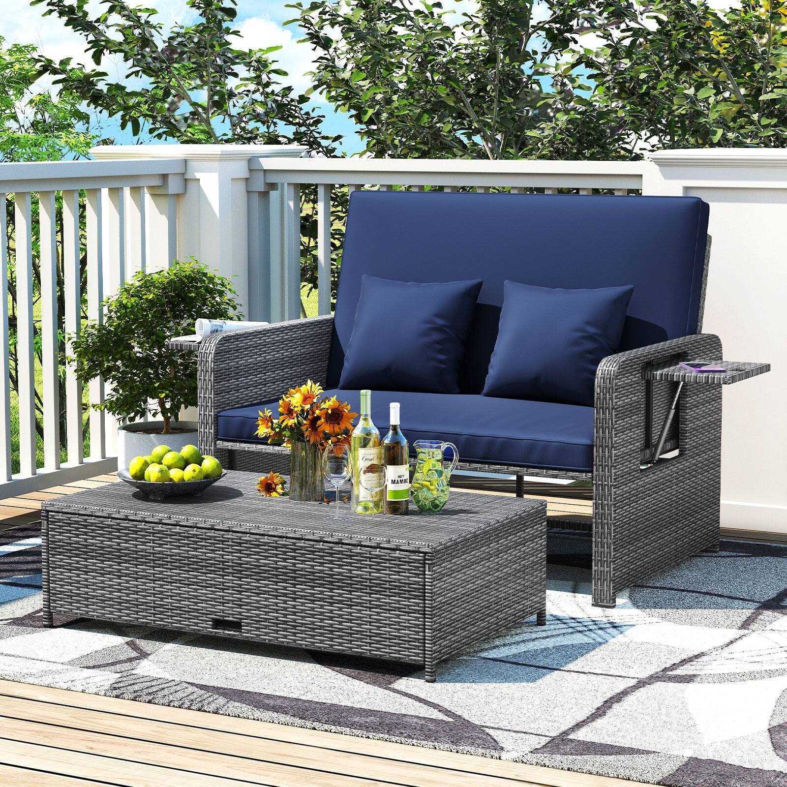 Alt View 4. Gymax - Gymax Rattan Daybed Wicker Loveseat Sofa Set w/ Ottoman & Retractable Side Tray Patio Navy - Navy.