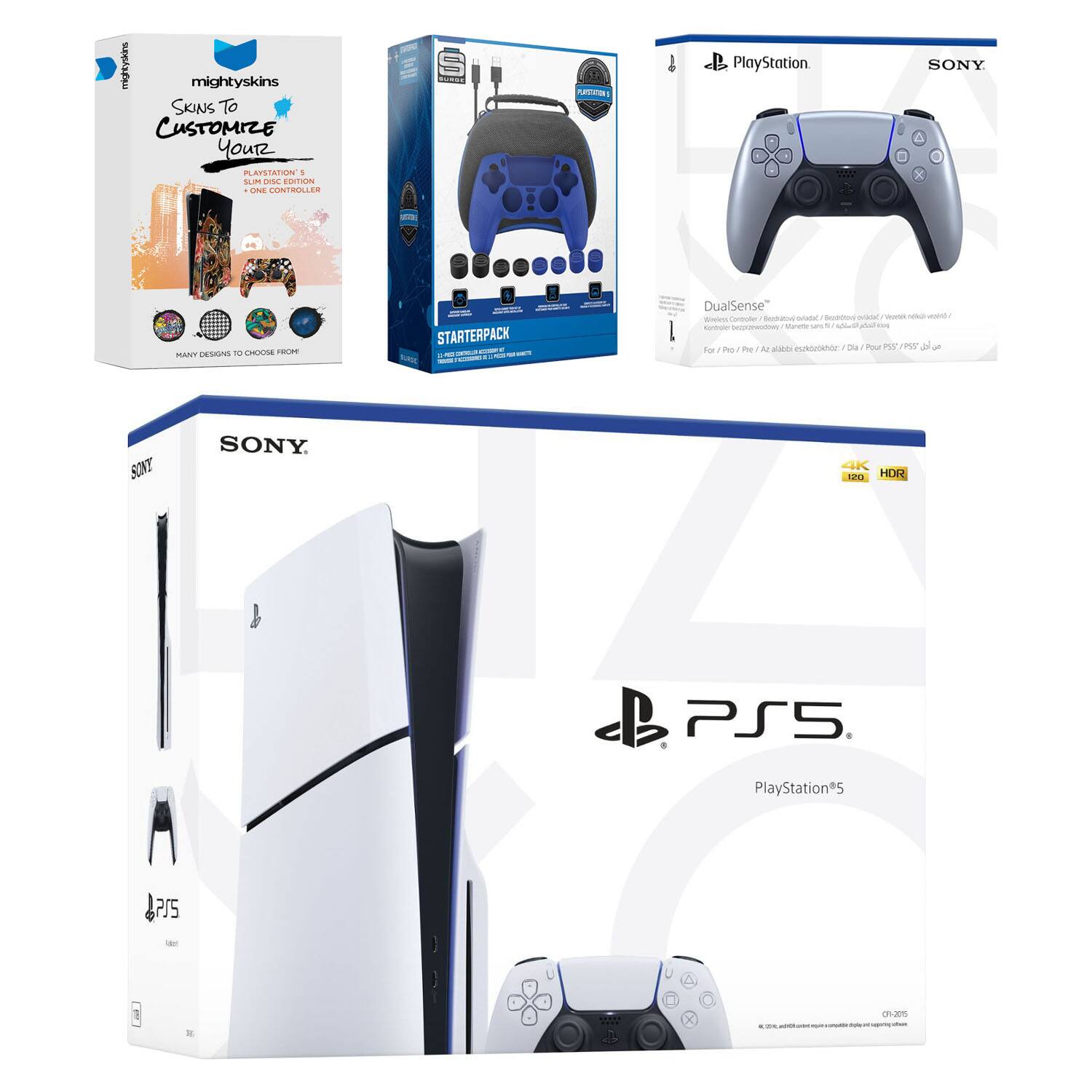 mighty skins  
Skins To Customize Your  
PS5 Slim Disc Edition  
One Controller  

MANY DESIGNS TO CHOOSE FROM  

STARTERPACK  
12 PREMIUM SKINS + 12 STICKERS  

SONY  
DualSense™  
Wireless Controller  

PlayStation  
SONY  
PS5  
PlayStation®5  

4K  
HDR