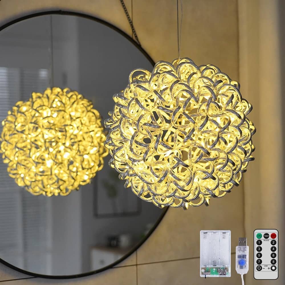 RTMB - Lighted Aluminum Ball LED Fairy Lights, Silver Hanging Garden Decor - Warm White