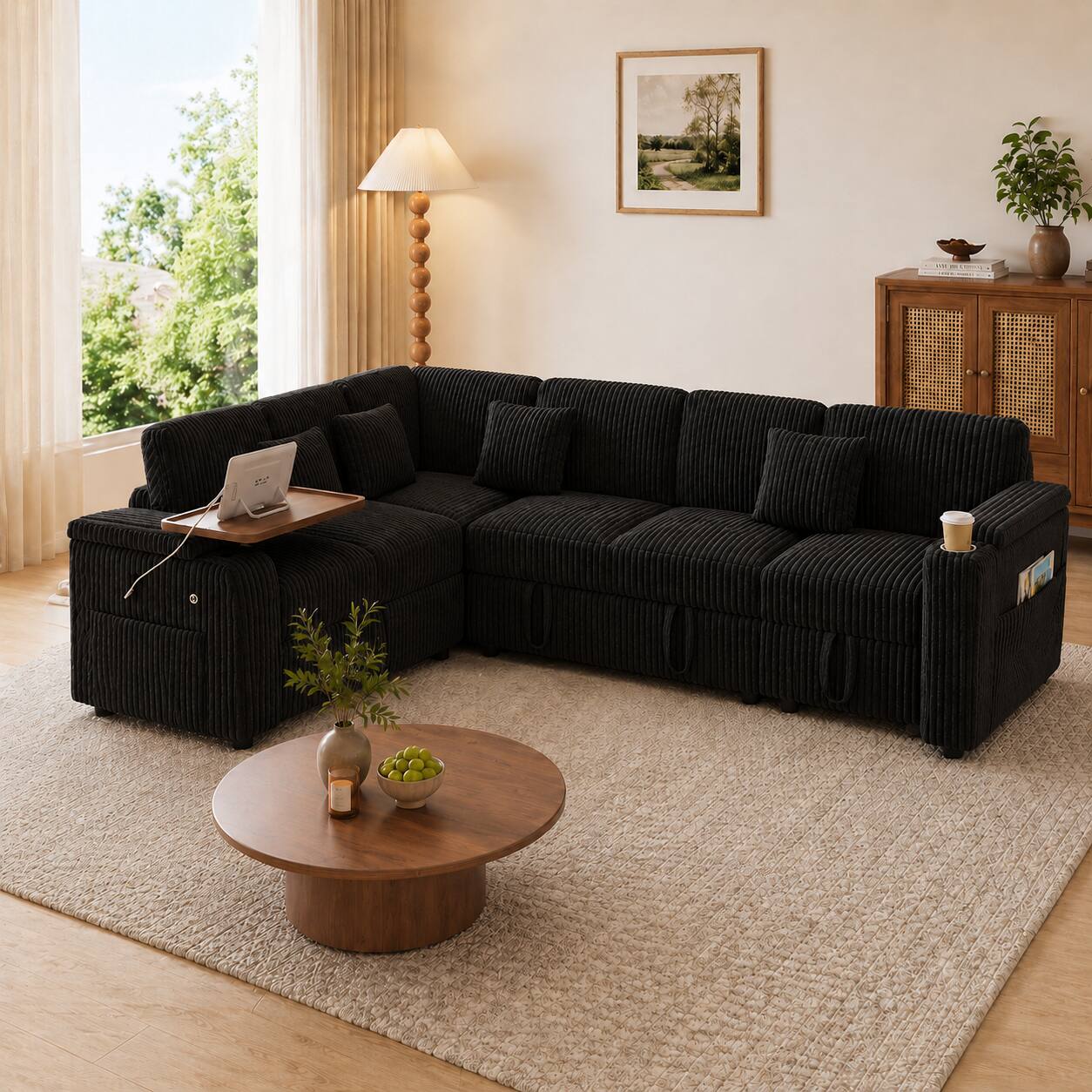 Left. Anysun - 100" Pull-Out Sofa Bed with USB Ports, Storage Areas, Table Board & Cup Holder, Extra-Large U-Shaped Combination - Black.