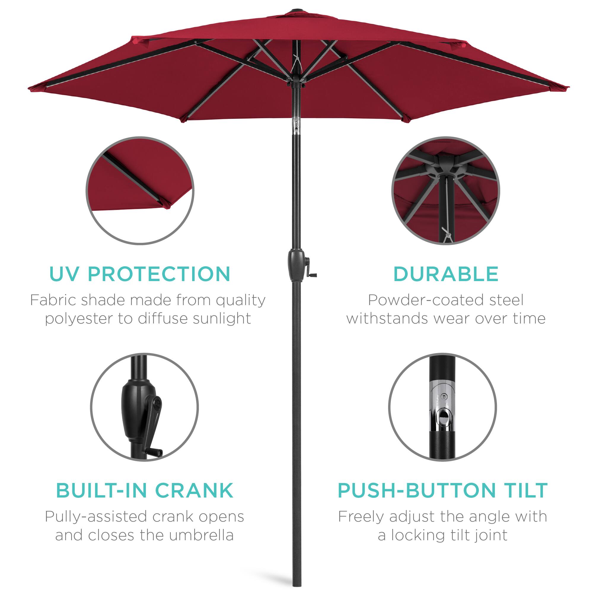 - **UV PROTECTION**  
  Fabric shade made from quality polyester to diffuse sunlight

- **DURABLE**  
  Powder-coated steel withstands wear over time

- **BUILT-IN CRANK**  
  Pulley-assisted crank opens and closes the umbrella

- **PUSH-BUTTON TILT**  
  Freely adjust the angle with a locking tilt joint