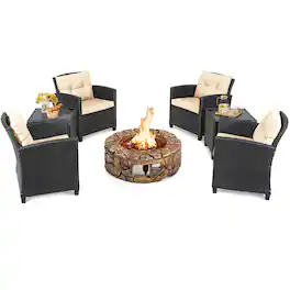 Costway - 7PCS Patio Rattan Wicker Furniture Set Gas Fire Pit Table Sofa Cushion - Mix Brown,Beige