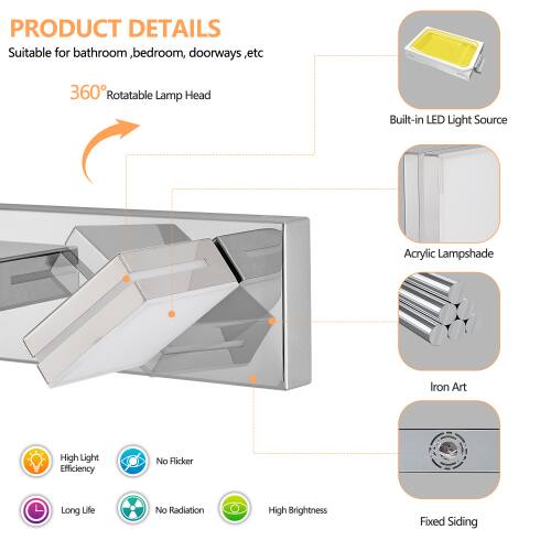 PRODUCT DETAILS  
Suitable for bathroom, bedroom, doorways, etc  
360° Rotatable Lamp Head  
Built-in LED Light Source  
Acrylic Lampshade  
Iron Art  
High Light Efficiency  
No Flicker  
Long Life  
No Radiation  
High Brightness  
Fixed Siding